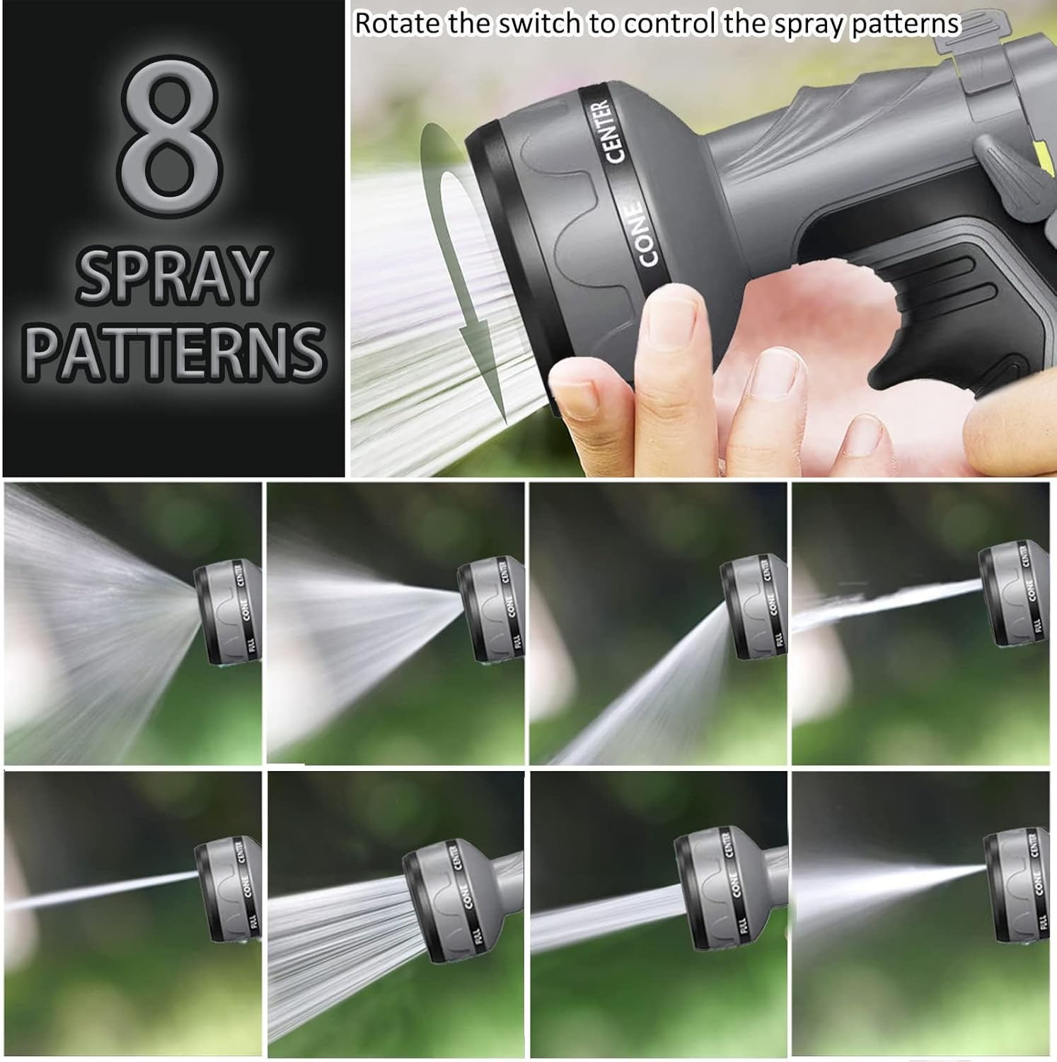 Garden Hose Nozzle,Upgrade Garden Hose Spray Gun,8 Adjustable Watering Patterns Garden Hose Nozzles & Spray Guns, Hose Nozzle Suitable for Watering Plants/Washing Cars/Showering Pets(Grey) image number 3