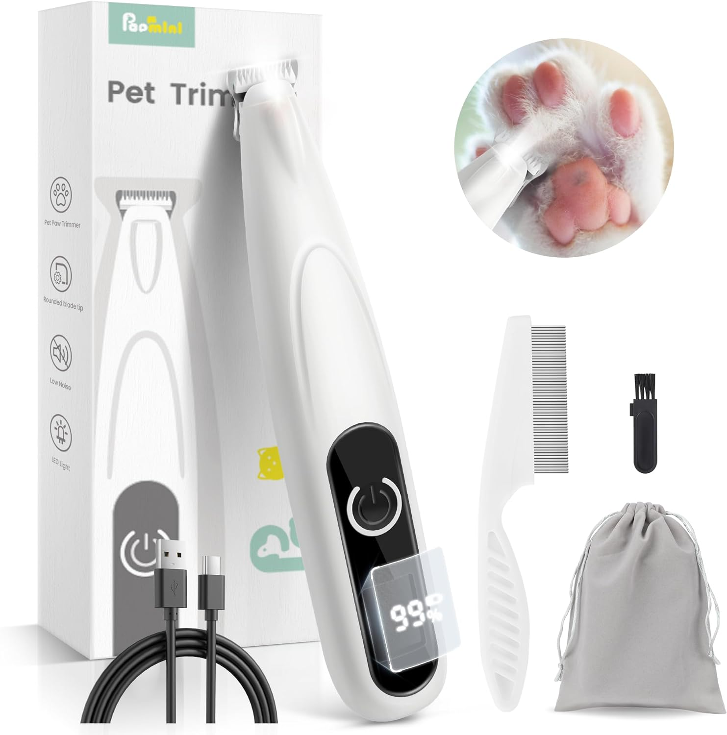 Dog Paw Trimmer with LED Display - Quiet Electric Dog Trimmer Shaver for Paws, Eyes, Ears, Feet and Face, TYPE-C Cordless Pet Hair Clippers Grooming Kit for Small to Large Dogs Cats (White)