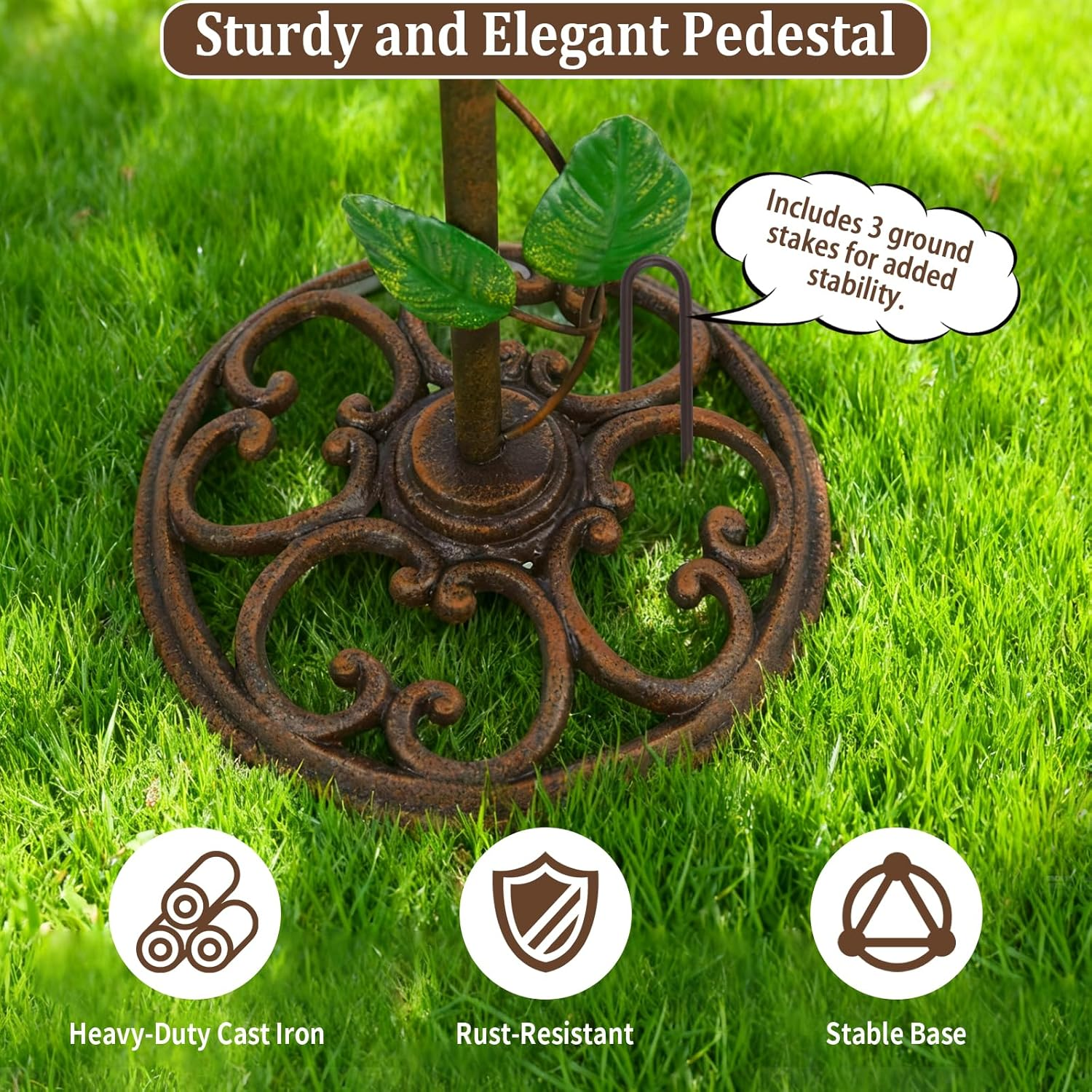 STAVAN 44" Cast Iron 2-In-1 Bird Bath & Feeder for Outdoors &ndash; Heavy Duty Vintage Pedestal with Floral Design, Stable Rust-Resistant Base, Elegant Garden Patio D&eacute;cor