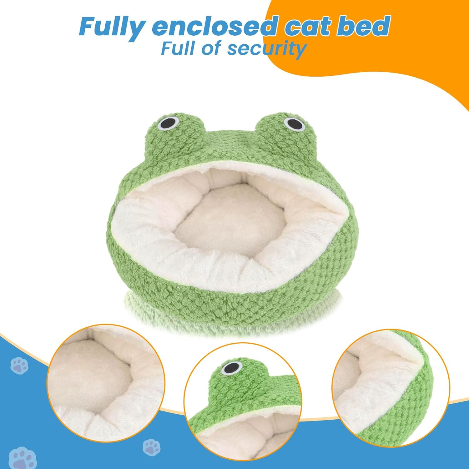 Cute Frog Cat Bed with Cover Cozy Plush Fluffy Warm Cave Style Pet Bed for Indoor Cats and Small Dogs Anti-Nxiety Washable Waterproof Bottom,40Cm image number 2