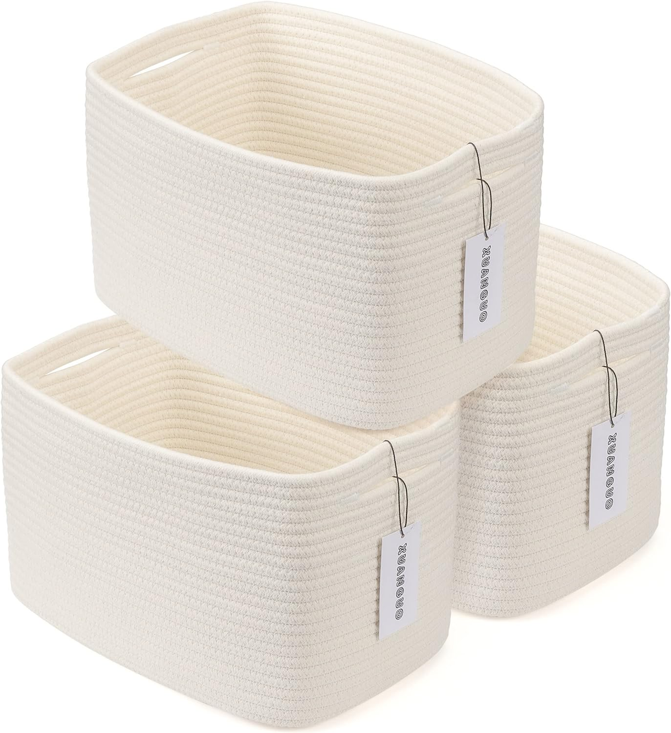 Cotton Rope Storage Basket Bins Woven Basket Organizing Shelves Rectangle Decor Storage Clothes Toy Book Towels Square Wicker Nursery Basket Organizer 3Pack White LBG-0001 14.5''X9.5''X9.3'' - Blue And White image number 5
