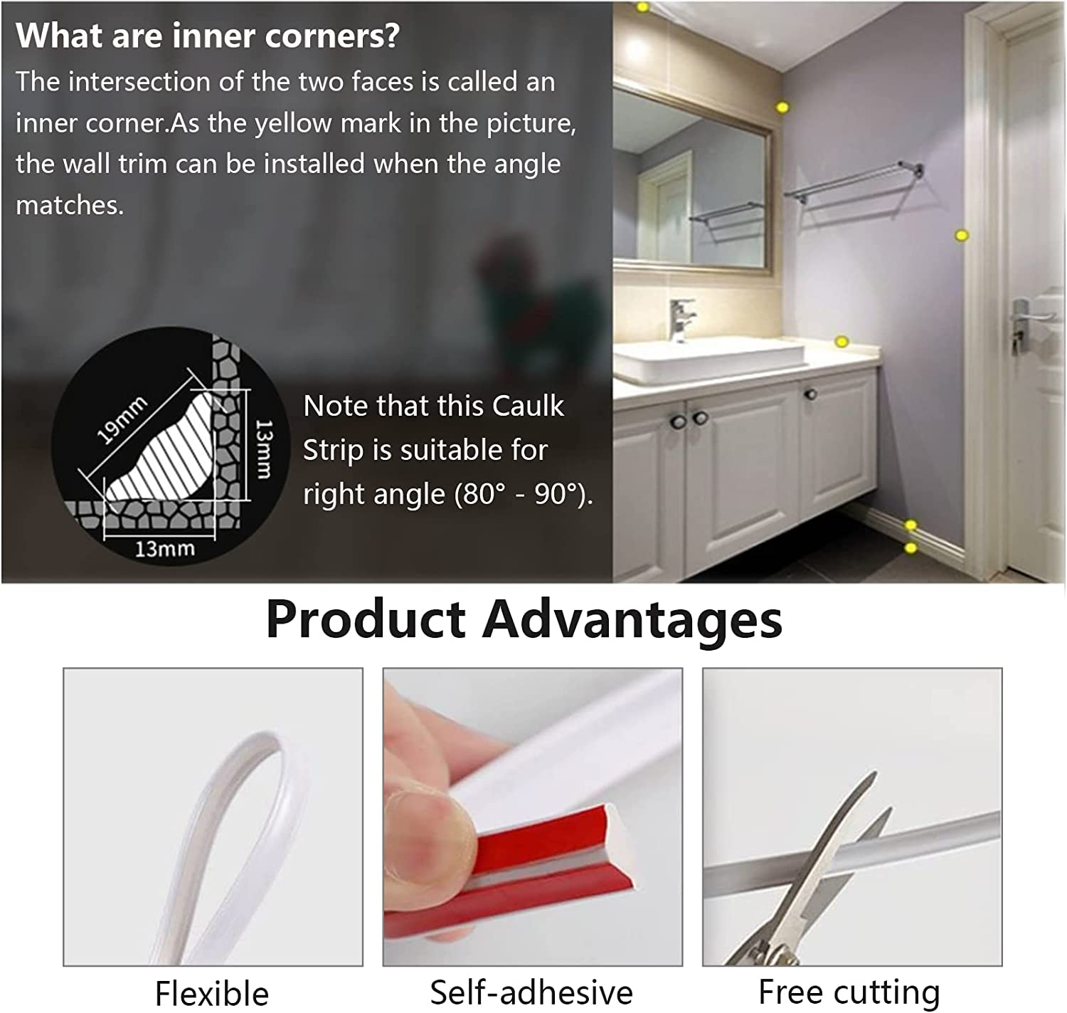 Flexible Molding Trim, TPE Self Adhesive Quarter round Molding Strip, Wall Corner Decoration Tile Trim for Bedroom Kitchen Renovation (White, 5M 12X9Mm)