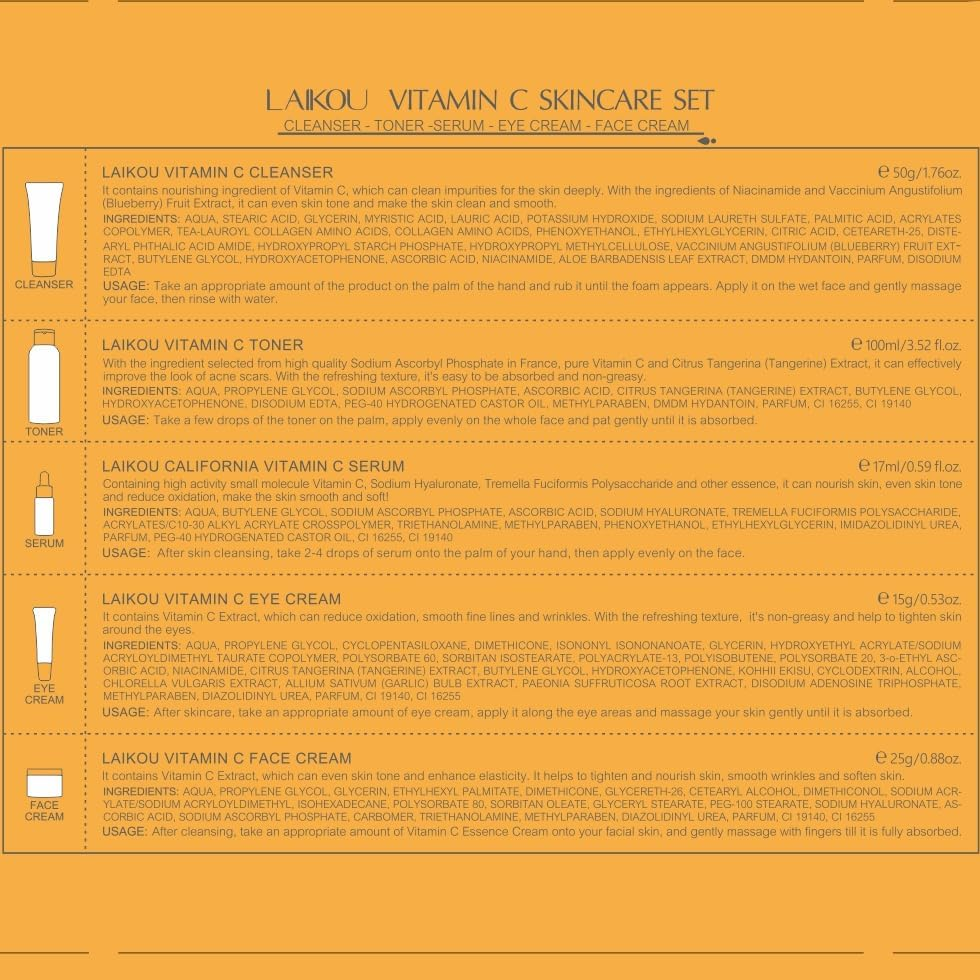 LAIKOU Skin Care Set Vitamin C Women Beauty Gift Sets Skin Care Kit with Cleanser, Toner, Serum, Eye Cream, Face Cream Travel Kit for Women Teen Girls Mom Daughter Birthday Tsa-Friendly Sizes 5Pcs image number 6