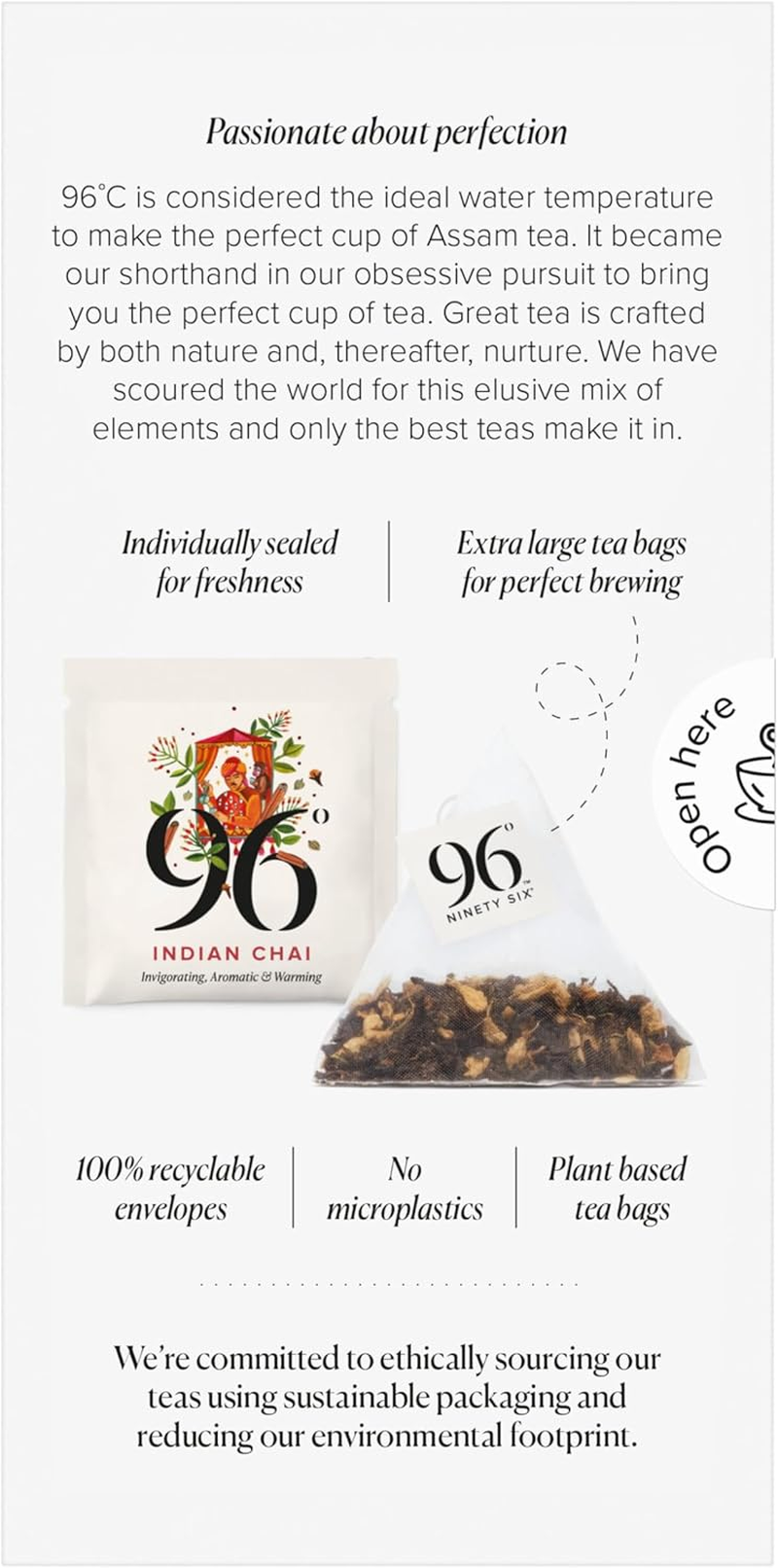 96&deg; Indian Chai - 20 Pyramid Tea Bags, Individually Wrapped, Strong, Spiced and Aromatic, Biodegradable Plant-Based Bags image number 6