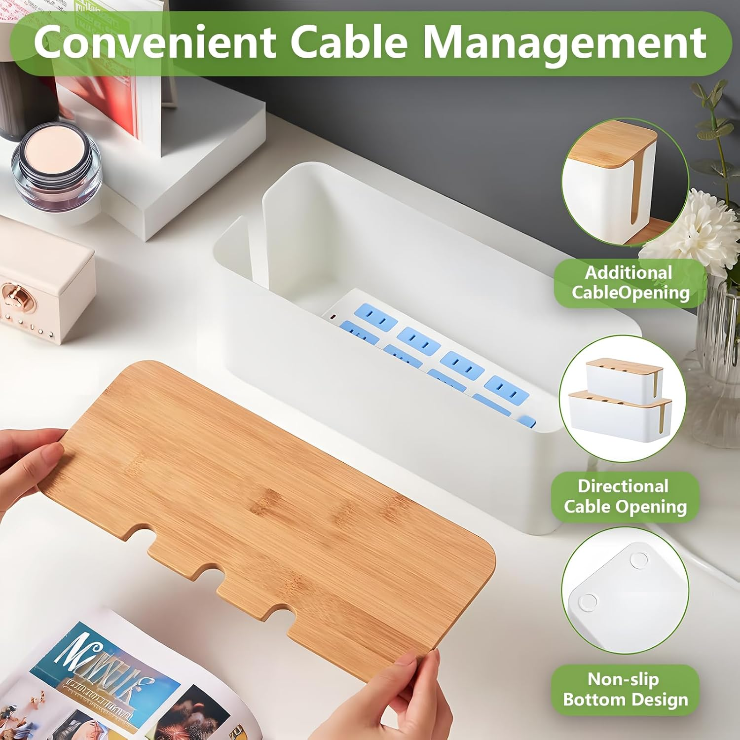 3 Pcs Cable Management Box, Cord Organizer Box with Bamboo Lid & 20 Cable Ties, Safe ABS Material, Wire Organizer for TV, Computer, Router, USB Hub and under Desk Power Strip image number 5
