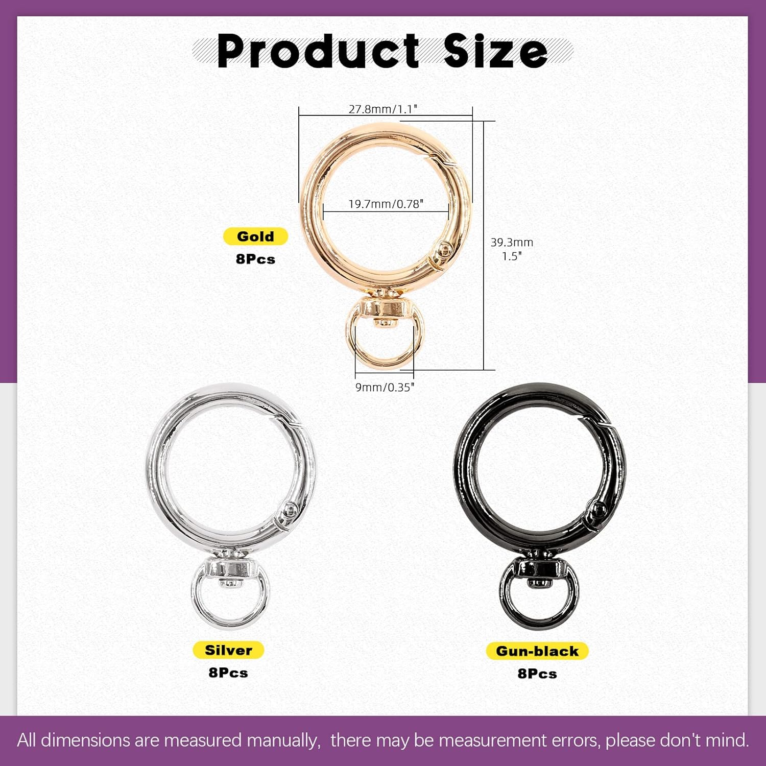 Swpeet 24Pcs 3 Colors 3/4 Inch - 20Mm inside Diameter round Spring Clips O Rings Snap Hooks with Swivel D Rings Buckles Assortment Kit, Hook Bag Clasp Spring Buckle for DIY, Craft Making