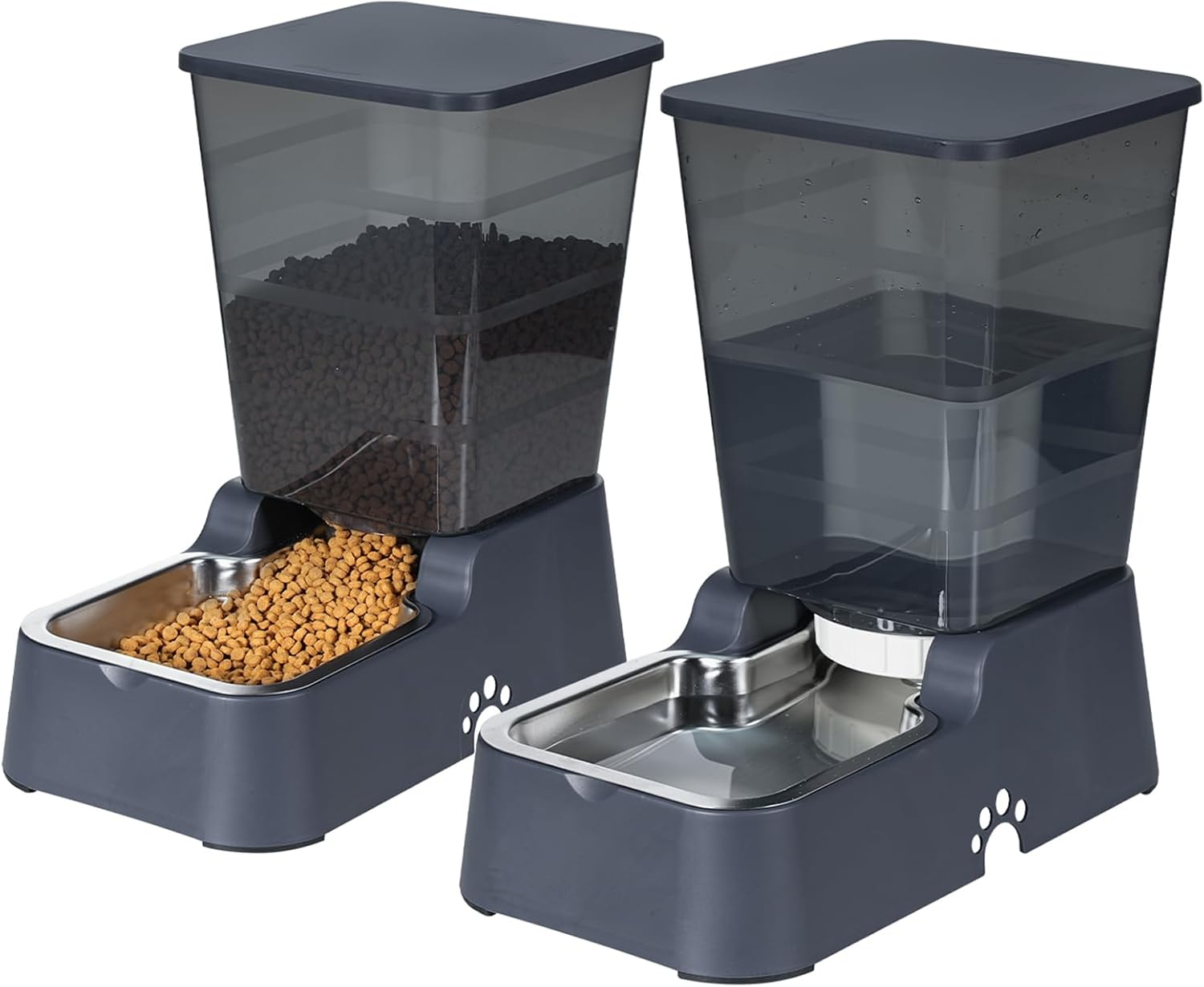 Automatic Dog Cat Feeder and Water Dispenser with 304 Stainless Steel Bowl, Suitable for Medium and Large Dogs and Cats, Large Capacity 5.3L, 2 Pack (Black Set)