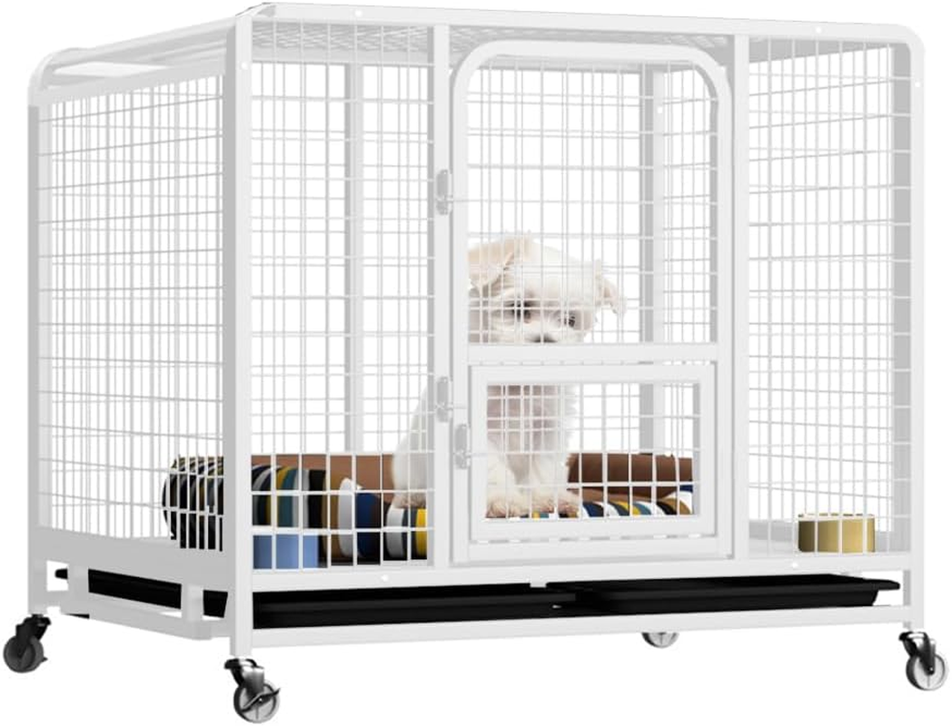 36" Dog Cage Crate,Large Kennel Pet Cage with Removable Tray&4 Rollers,Foldable Cat Puppy Metal Cage Playpen (White) image number 3