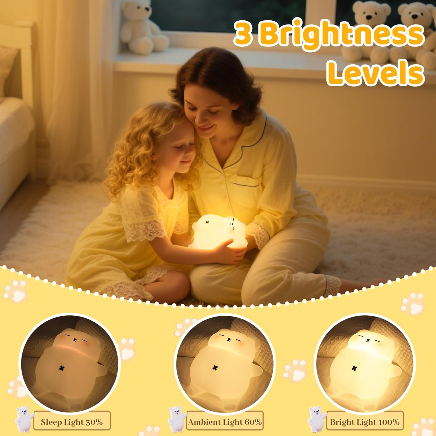 Bear Gifts, Cute Bear Night Light with Snoring Sound Effect, Touch Control & Timer, Brightness & Volume Adjustable, Suitable for Breastfeeding Reading Working Sleep for Kids Adults