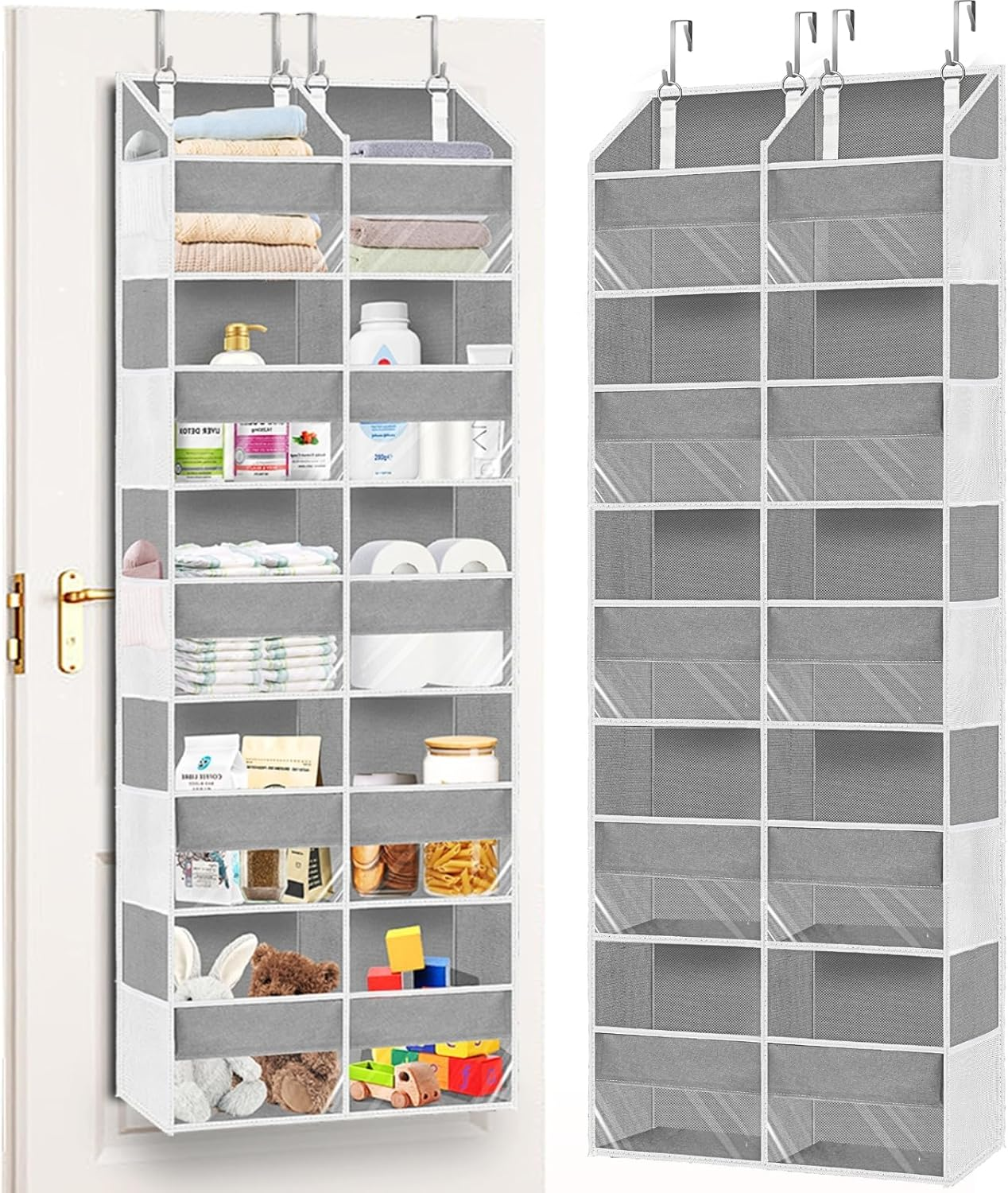 Over the Door Organizer, 5-Tier Extra Large behind Door Storage with 10 Big Front & 10 Mesh Pockets, 80Lb Capacity, Hanging Storage Organizer with Clear Window Kids Toys, Shoes, Diapers, Light Grey