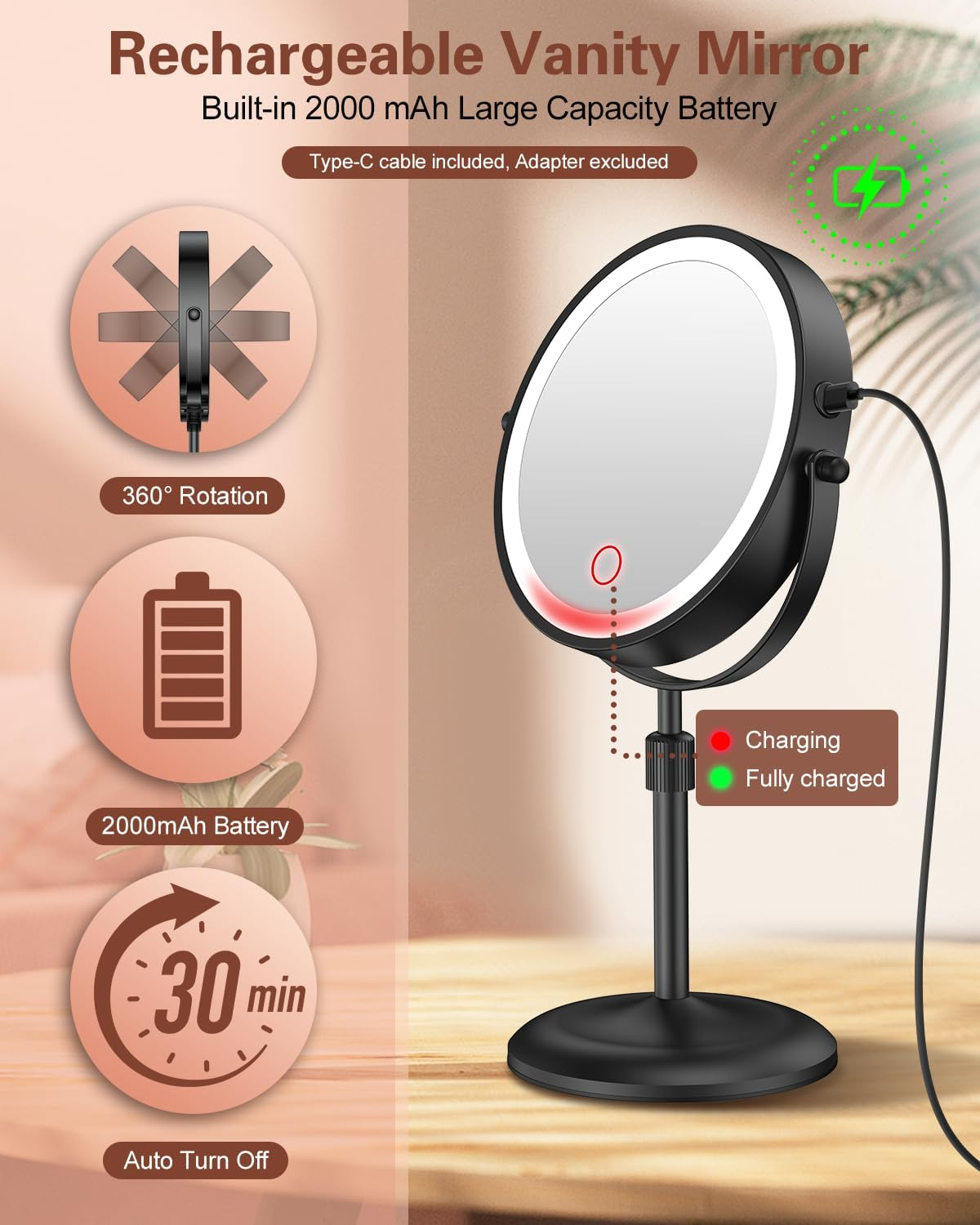 Benbilry Lighted Makeup Mirror with Adjustable Stand, [3 Color Dimmable Lights & 1X/10X Magnification & Type-C Rechargeable] 7" Double Sided Vanity Mirror, 360&deg; Swivel Cordless Standing Mirror Black - Gold image number 5