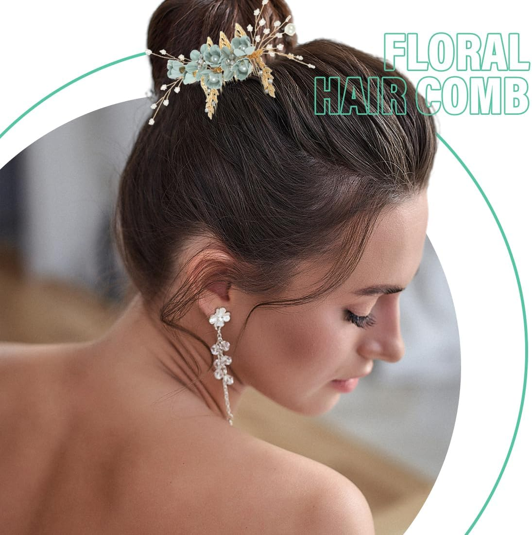 MIRKUZI Hair Combs 1 Piece Green Hair Comb Clip Green Hair Accessories Wedding Bridal Hair Comb with Flowers and Crystals Elegant Headpiece for Brides and Special Occasions image number 5