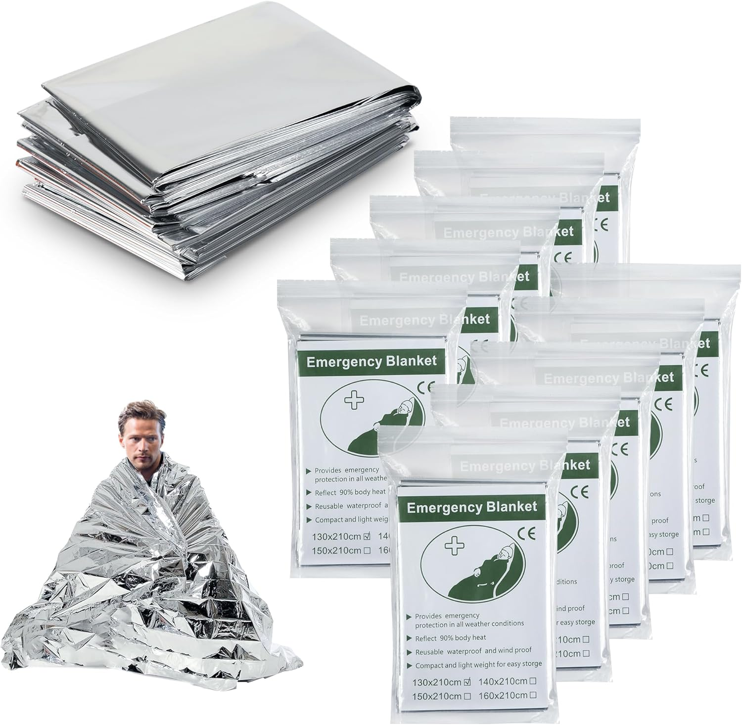 8 Pack Emergency Thermal Blankets, Survival Blankets Reflective First Aid, Blanket for Camping Hiking Outdoor Warm Insulated Heat Insulation and Waterproof