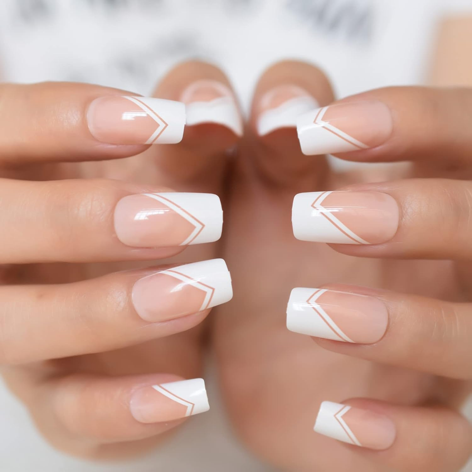 Nude White Press on Nails Medium Square French Glossy Gel Nails Full Cover False Nail Art Tips Salon Manicure Set image number 1