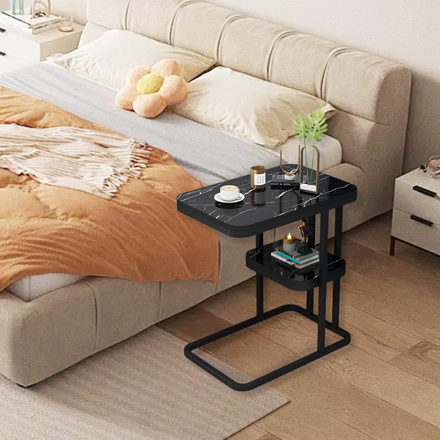 Square Side Table,2-Tier Sturdy C Shaped End with Storage Narrow Side Table for Living Room Bedroom with Metal Frame,Bedside Table Sofa Couch Table for Space Bedroom Metal Nightstand Sofa (Black) image number 4