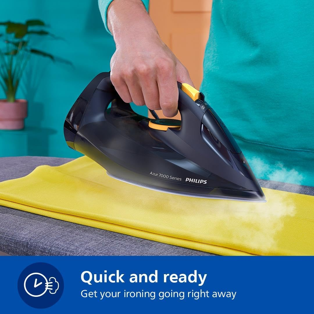 Philips Azur 7000 Series Steam Iron - 2400W, 50G/Min Steam, 250G Steam Boost, Vertical Steam, Steamglide Elite Soleplate, Blue/Yellow (DST7060/20) image number 4