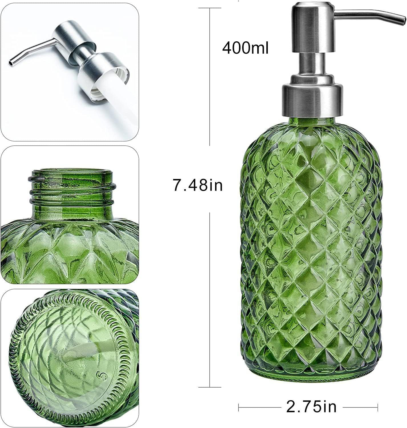 AXIM Glass Soap Dispenser with Stainless Steel Pump,400Ml Refillable Lotion Soap Bottle, Dish Soap Dispenser, Hand Soap Dispenser, Home Decoration (2 Pc/Green) image number 5