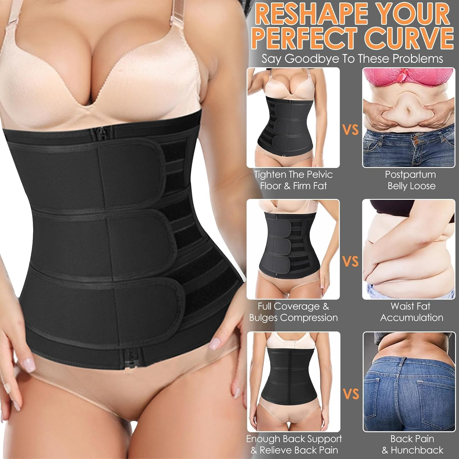 2024 Neoprene Waist Trainer Belts for Women 3 Straps Weight Loss Tummy Control Workout Corset Cincher Trimmer Belly Body Shaper Slim Girdle Belt (Black, XL) image number 3