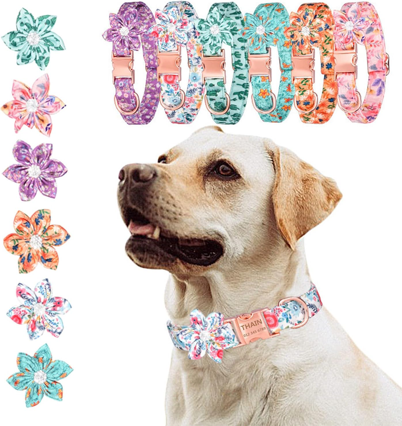 THAIN Custom Flower Girl Dog Collar Personalized for Female Dogs- Floral Pattern Engraved Pet Collars with Name Personalized Rose Gold Buckle (L(Neck 14.9-23.6"), White Flower Set)