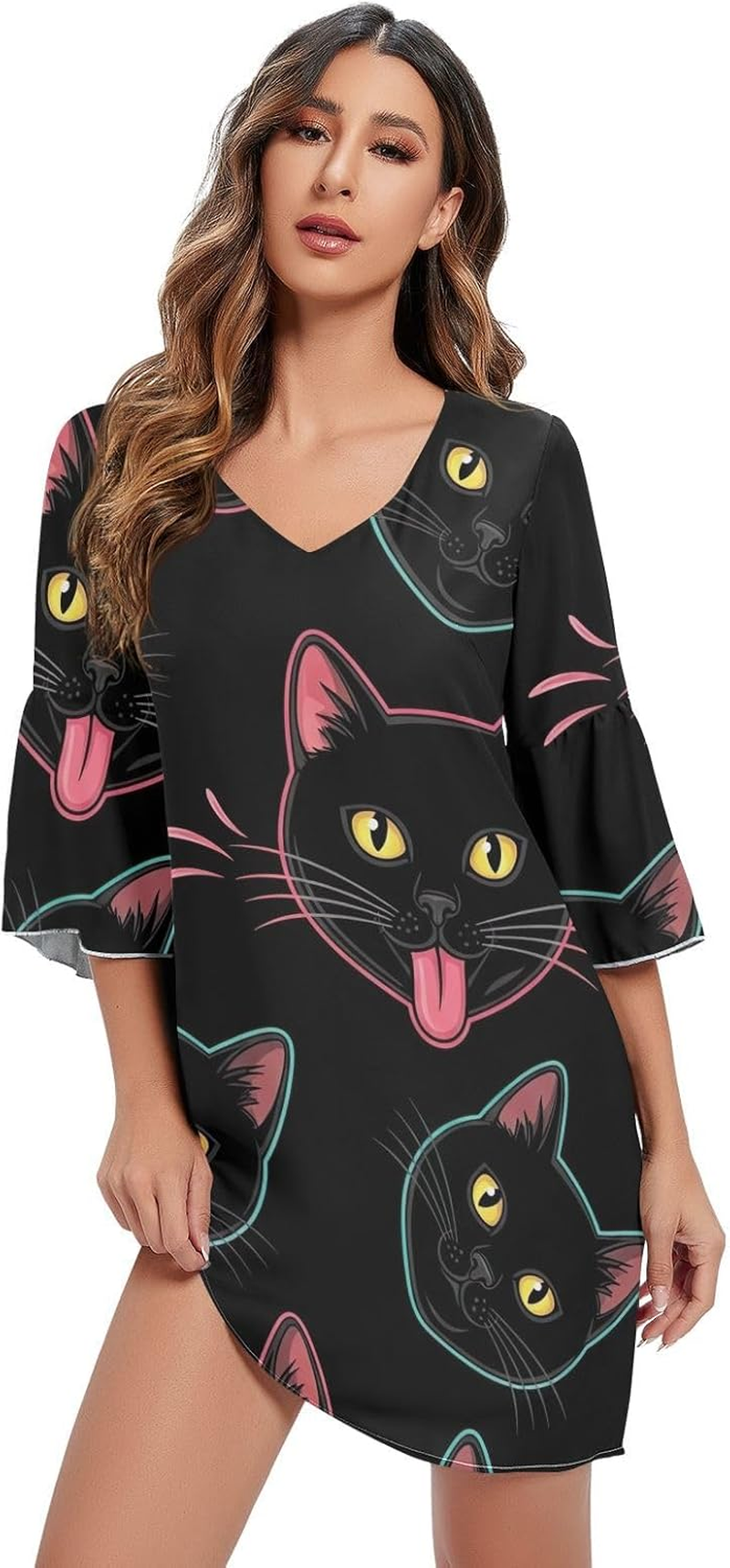 Black Cat Eyes Chiffon Dress Printed Line Maternity Dress image number 3