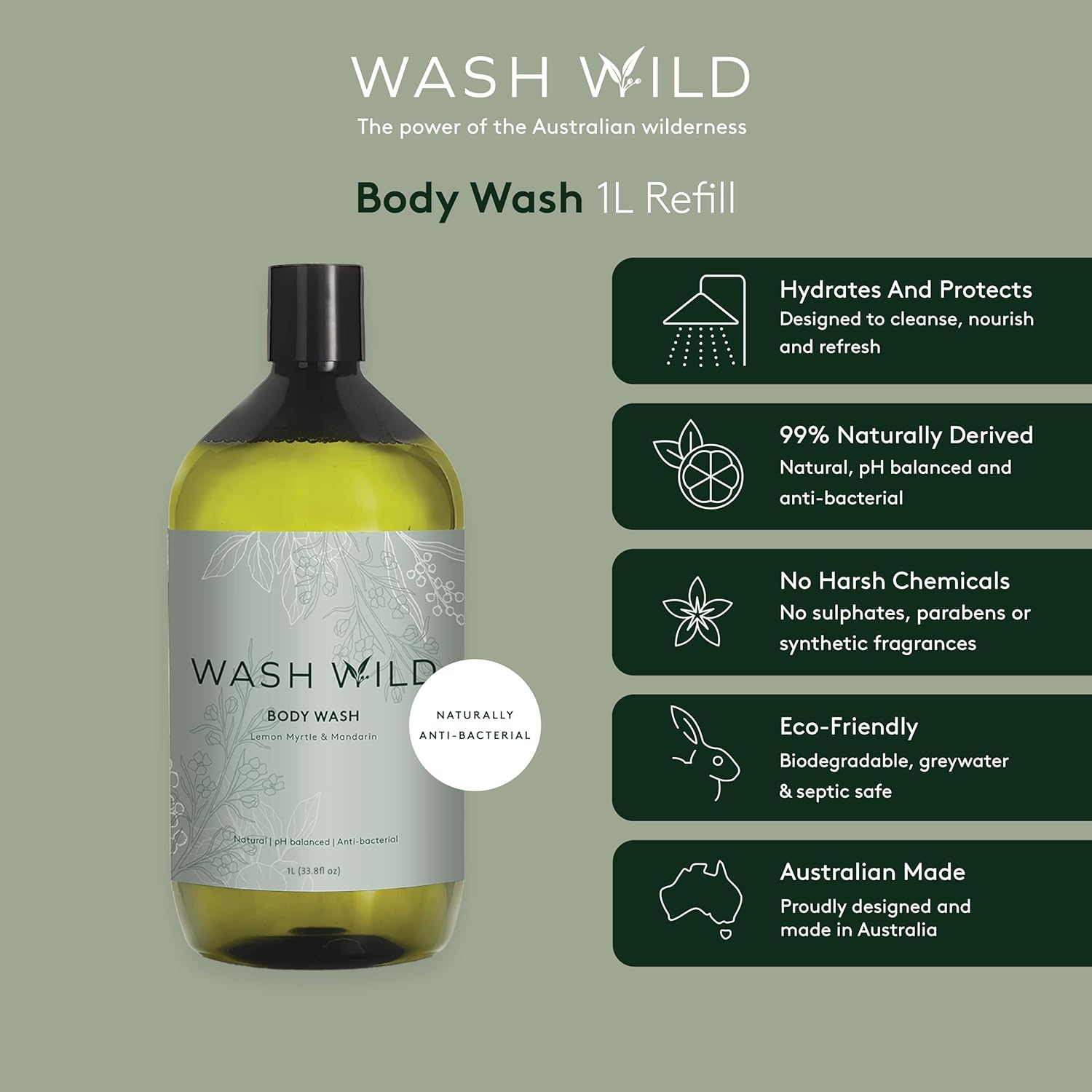 WASH WILD Body Wash 1L, Plant & Mineral Based, 100% Biodegradable image number 2