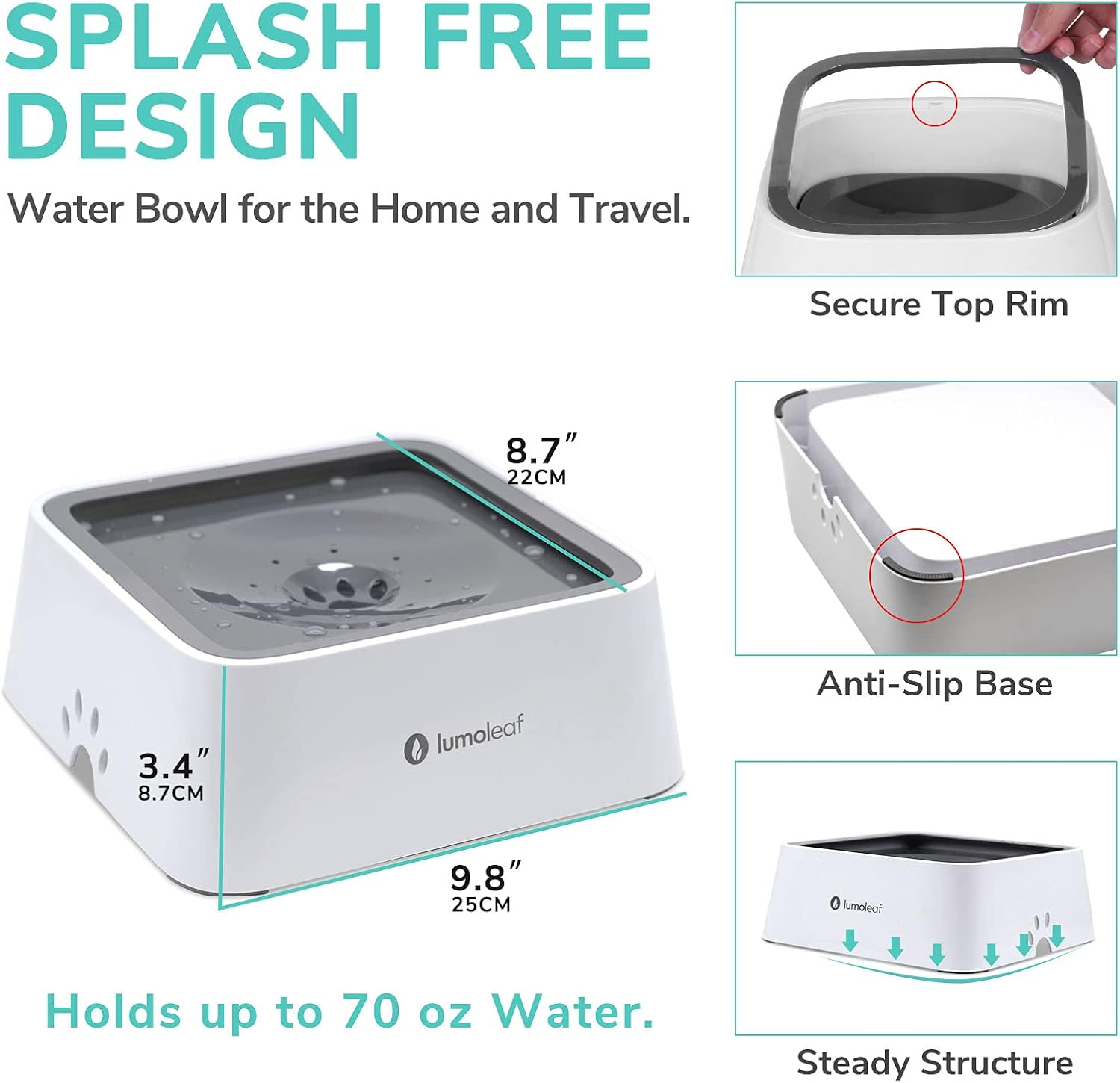 Lumoleaf No Spill Water Bowl for Dogs with Filter, 70Oz/2L, Slow Feeder for Messy Drinkers, Drip-Free & Splash-Proof Design (Grey, 70 Fl Oz) (Grey 70 Fl Oz) image number 5