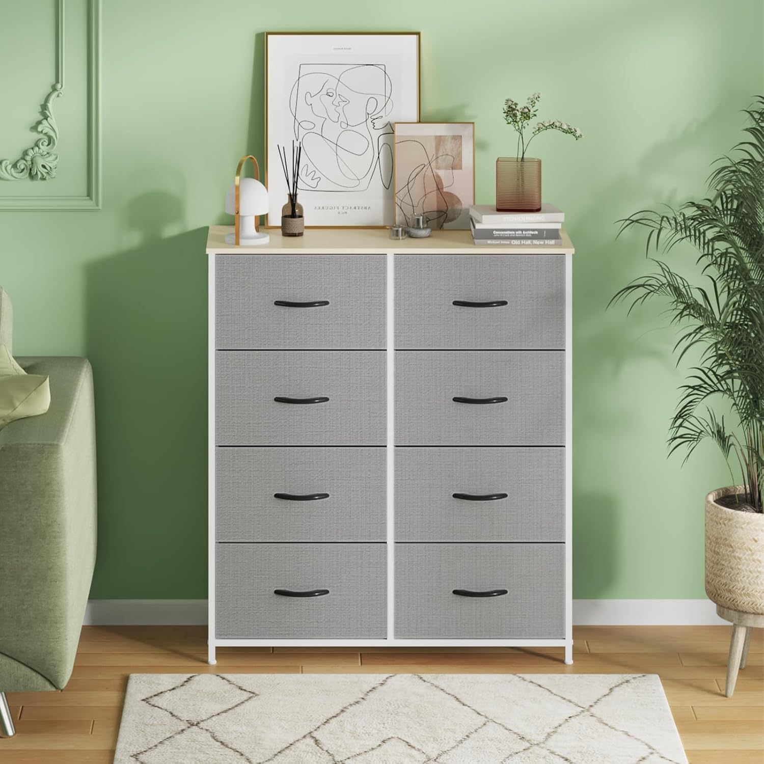 Ufurniture Chest of 8 Drawers Lowboy Clothes Storage Cabinet Organizer Fabric Tower Dresser Clothes Toys Storage Unit for Bedroom,Living Room,Office,Hallway,Entryway, Biege image number 6