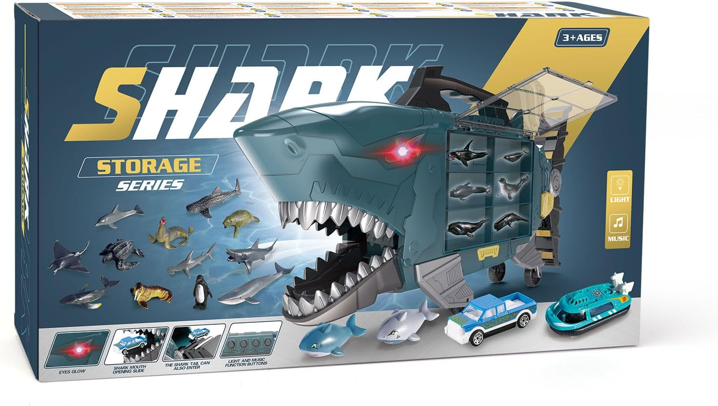 Shark Toys with Led, Music Ocean Animals Toys, Shark Truck Toys with 2Pcs Toy Trucks, 2Pcs Shark Cars,18Pcs Sea Animal Toys for 3+ Year Old Kids image number 6