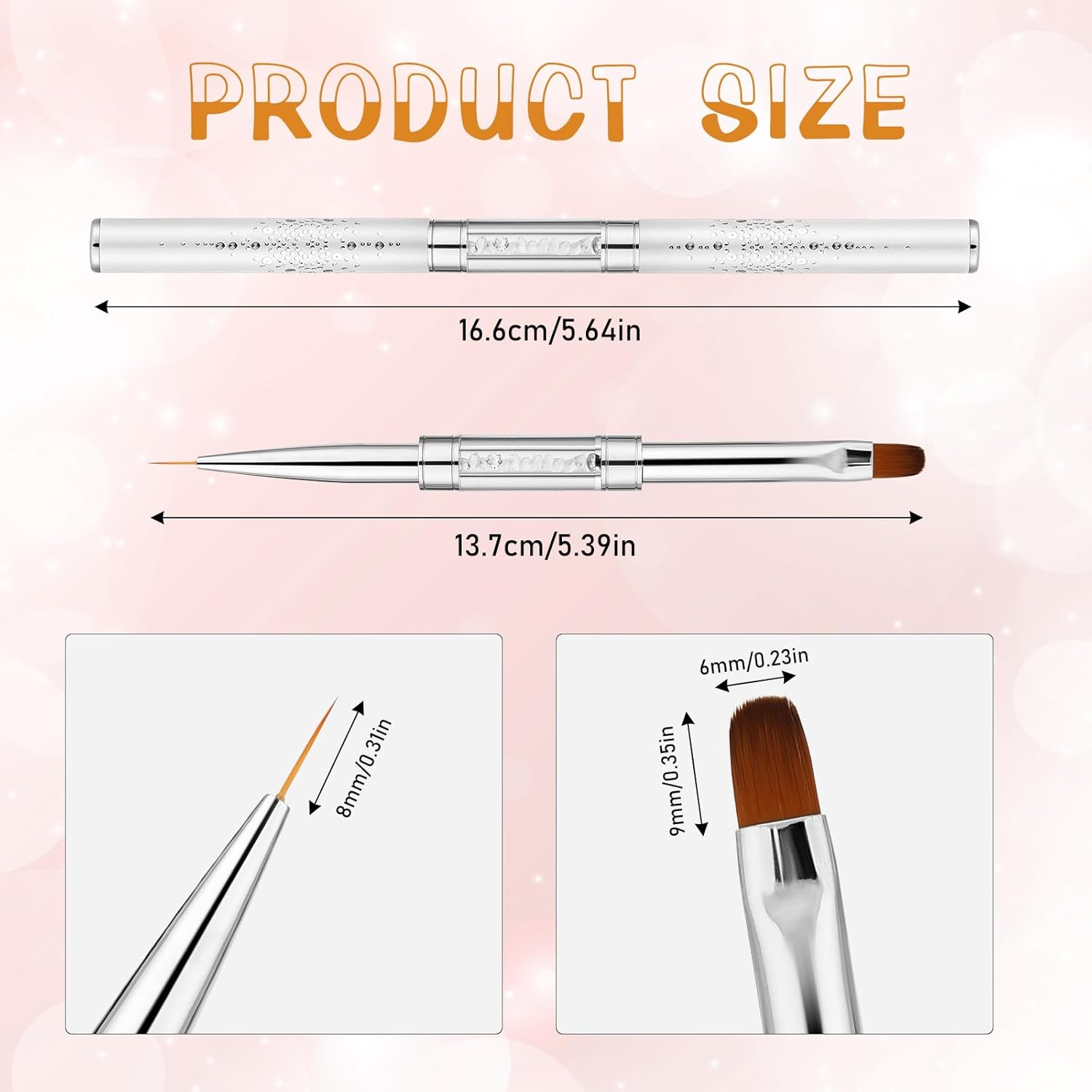 2Pcs Dual-Ended Nail Design Brush Builder Gel Brush Rhinestone Handle UV Gel Nail Brush Thin Nail Brush Set Nail Liner Brush Striping Nail Art Brushes for Nail Art Design