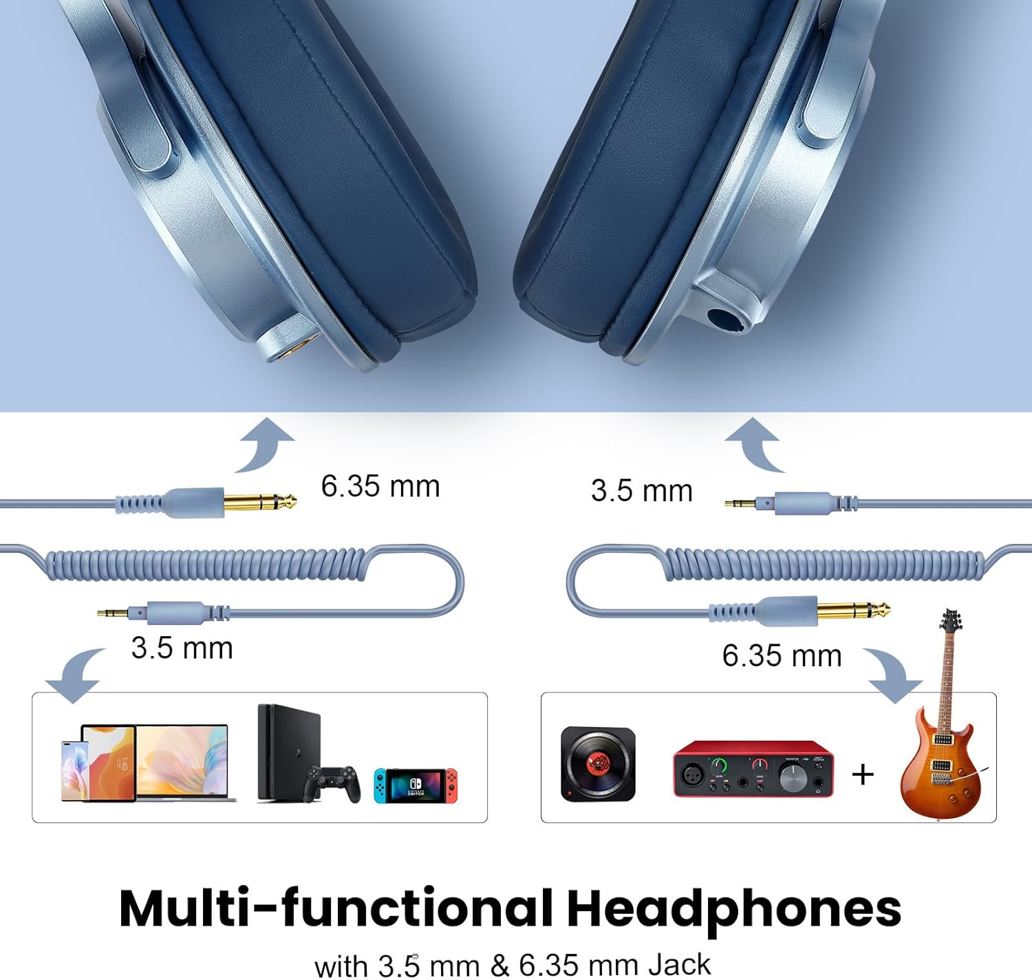 Oneodio A71 Hi-Res Studio Recording Headphones - Wired over Ear Headphones with Shareport, Monitoring Mixing Foldable Headset with Stereo Sound, 3.5/6.35MM Jack for PC Computer DJ Guitar-Sky Blue - Sky Blue image number 2