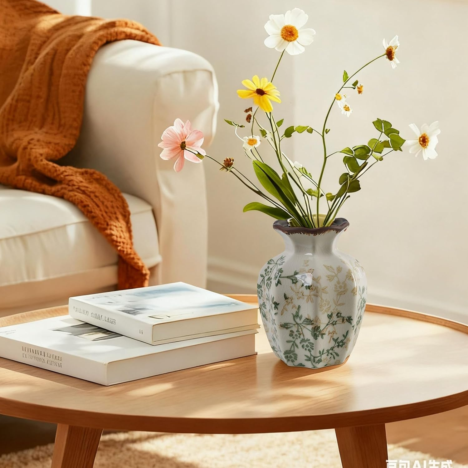 Vintage Ceramic Vase, Small Green and Beige Retro Ceramic Flower Vases, Chinoiserie Vase for Home Decor, Kitchen, Living Room, Bedroom and Shelf image number 2