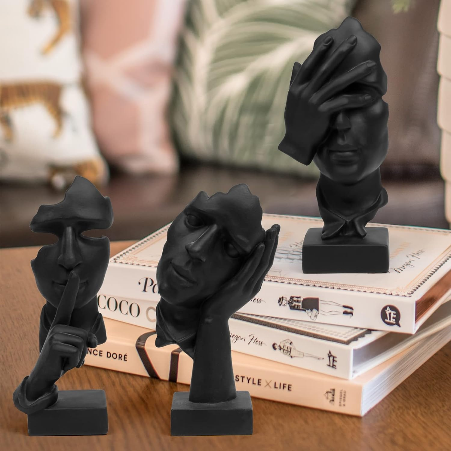 3 Pcs Thinker Statue, Silence Is Golden Abstract Art Figurine, No Hear No See No Speak Modern Resin Sculptures, Black image number 3