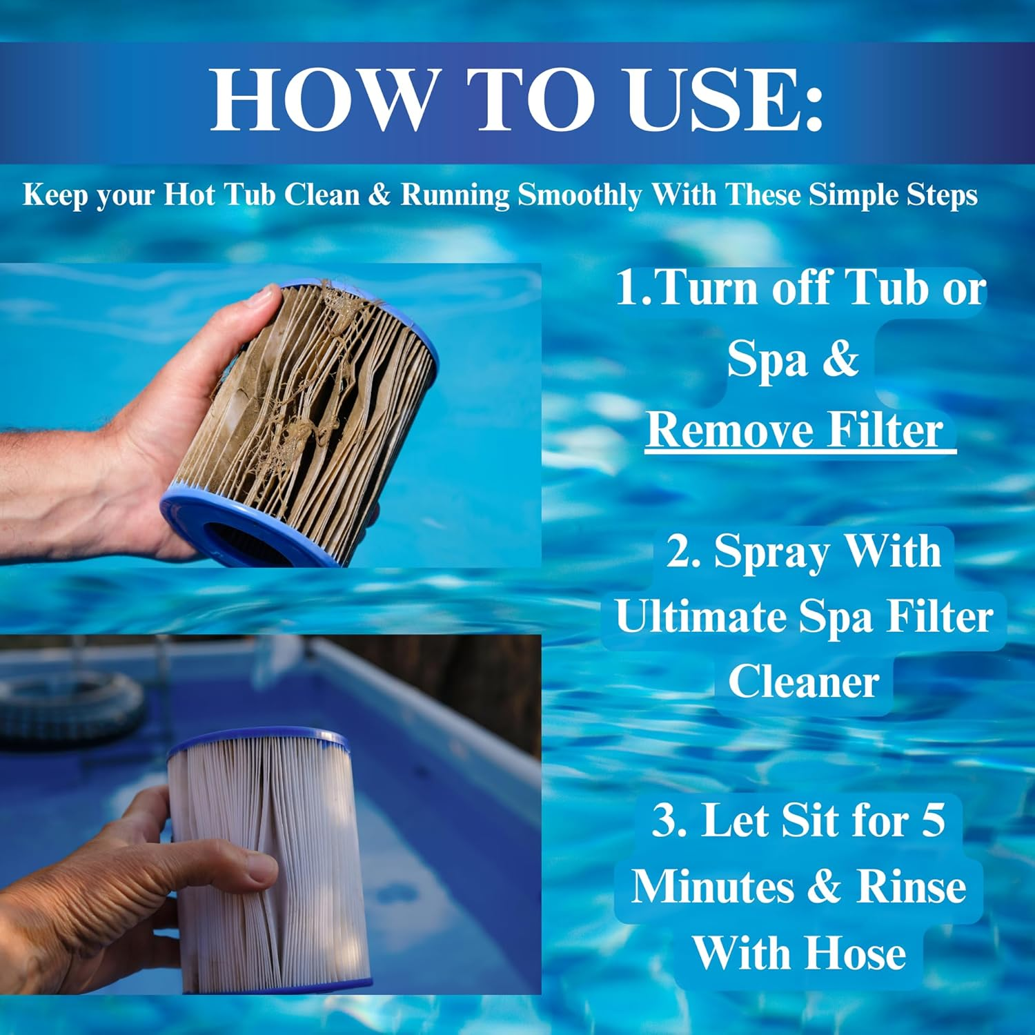 Ultimate Spa Filter Cleaner Fast-Acting Spray. Instant Clean for Hot Tub & Pool Filters Leaving behind No Sticky Residue. Prolongs Filter Life and Pool Equipment. No Soaking. (1-Gallon) image number 3