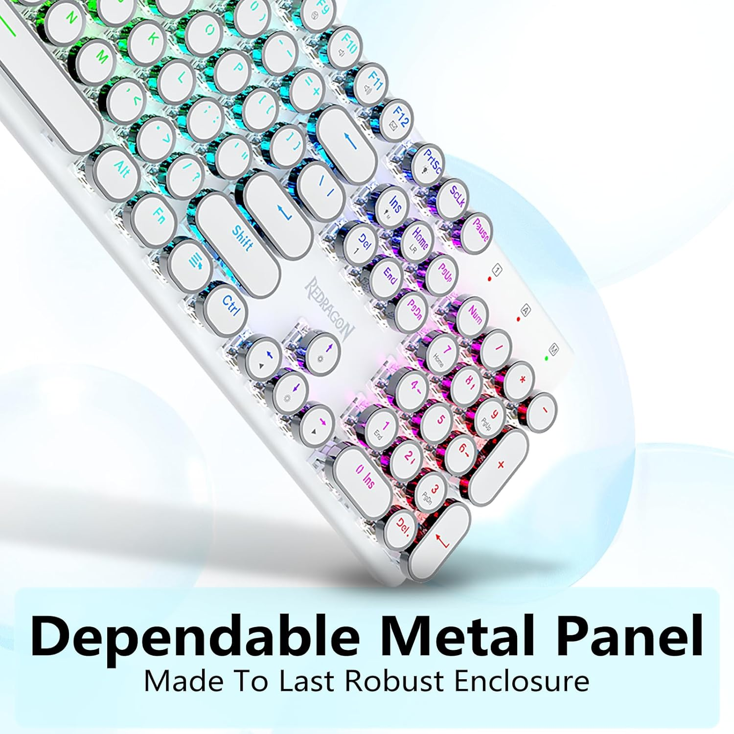 Redragon K710 Wireless Typewriter Style Mechanical Gaming Keyboard, Bluetooth/2.4Ghz/Wired, RGB Backlit, Rechargeable, Blue Switch - Clicky, Metal Panel, round Keycaps, White image number 1