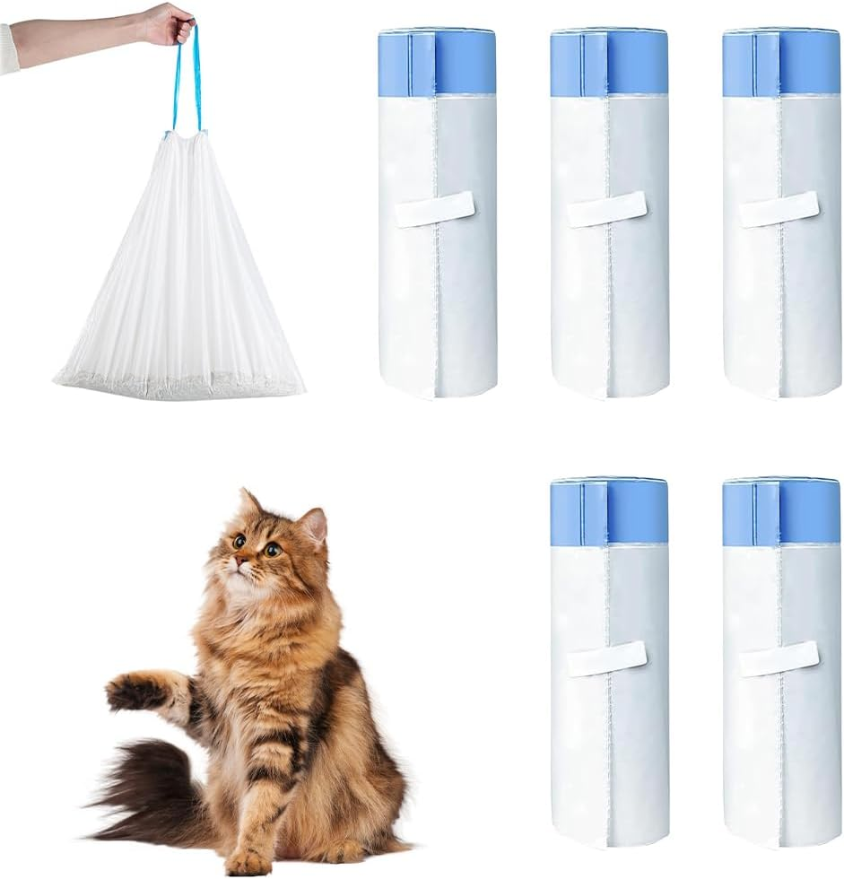 Dhqkqg Pack of 75 Bin Bags, Bin Bags with Carry Handle, Self-Cleaning Cat Litter Tray, Self-Cleaning Bin Liners, Cat Litter Box Bags, Liquid-Proof, Durable, 5 Rolls/75 Pieces