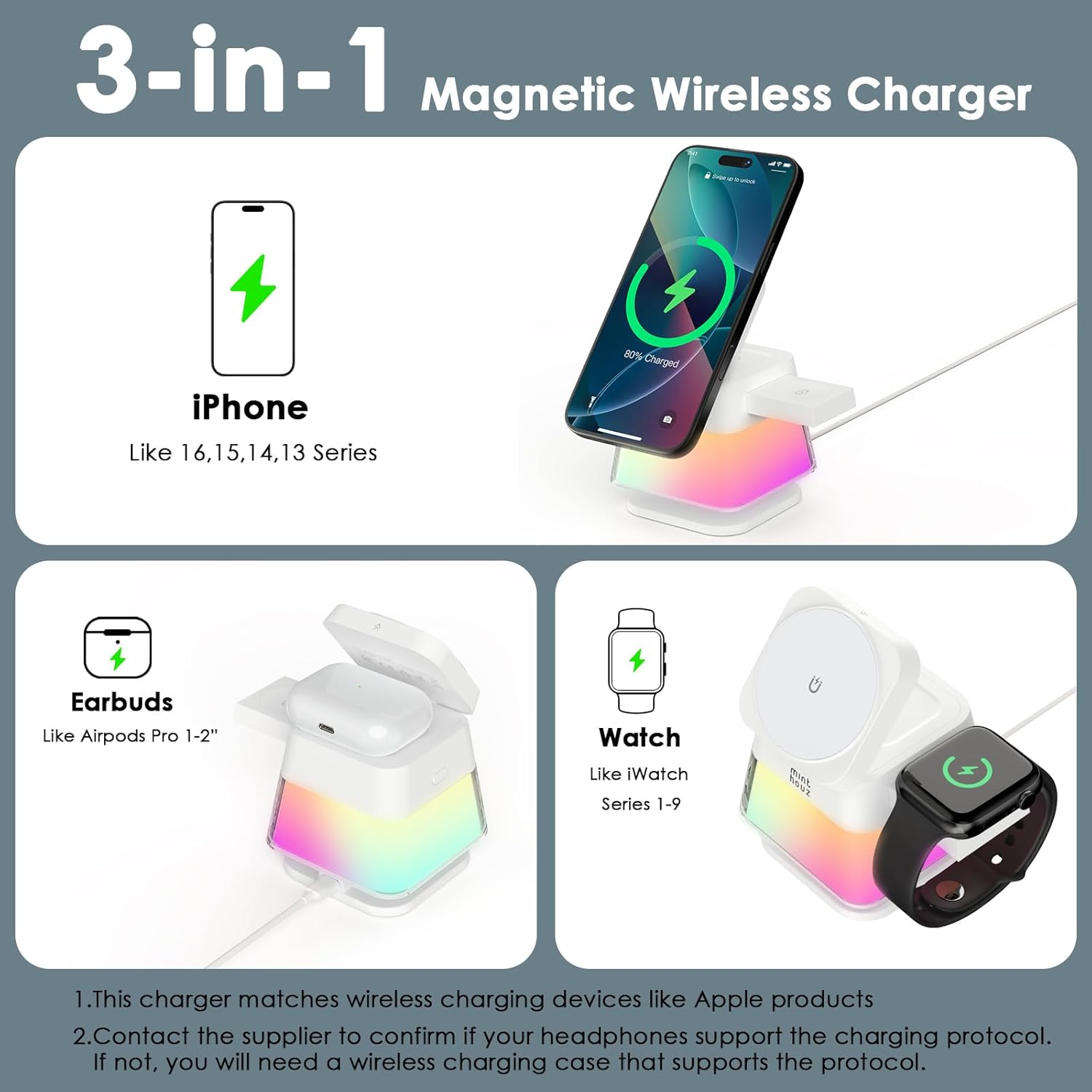 Minthouz 3 in 1 Wireless Charger Tower, Wireless Charging Station with Multi-Color Light for Magsafe Magnetic Charger, Phone Charger Stand for Multiple Devices,For Iphone 17-12 Series, Iwatch, Airpods image number 3