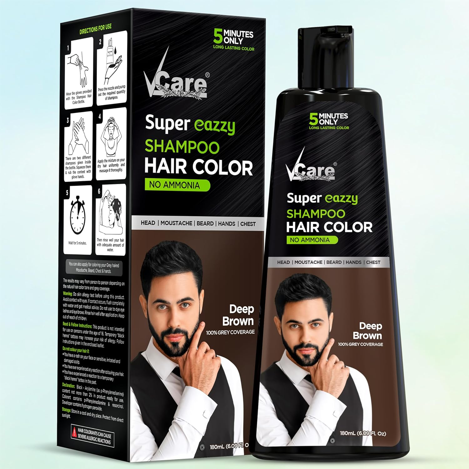Vcare Super Eazzy Hair Colour Shampoo for Women and Men 180Ml | Only 5 Minute Root Hair Dye Coloring Kit Head, Moustache, Beard, Hands, Chest | No Parabens, Ammonia and Sulfates (Natural Black)