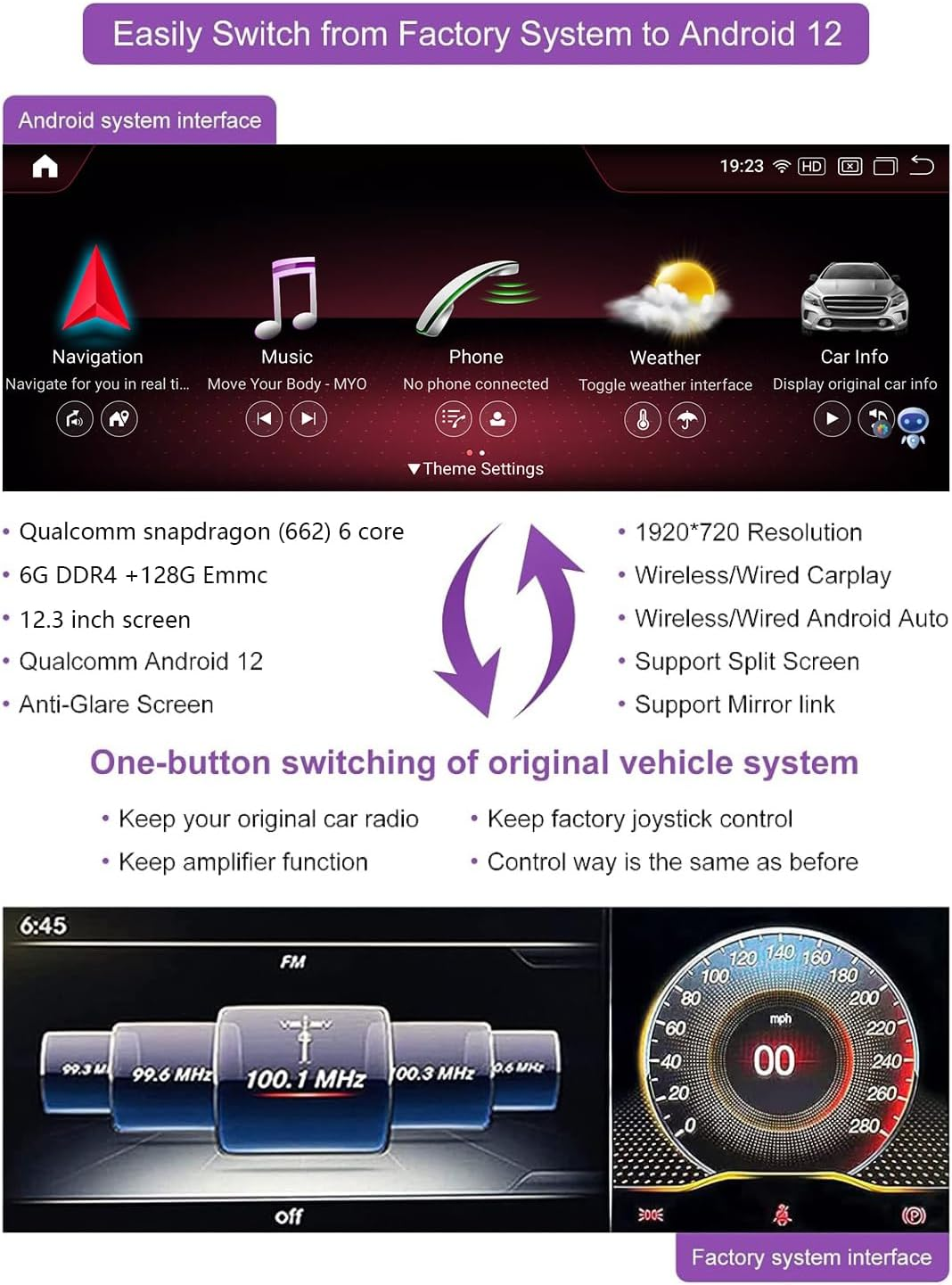 NINETOM Android 12 Car Radio - 12.3" Touchscreen for Mercedes Benz NTG5.0 C GLC Class W205, 2015-2018 Year, Support Wireless Apple Carplay/Android Auto Mirror Link image number 3