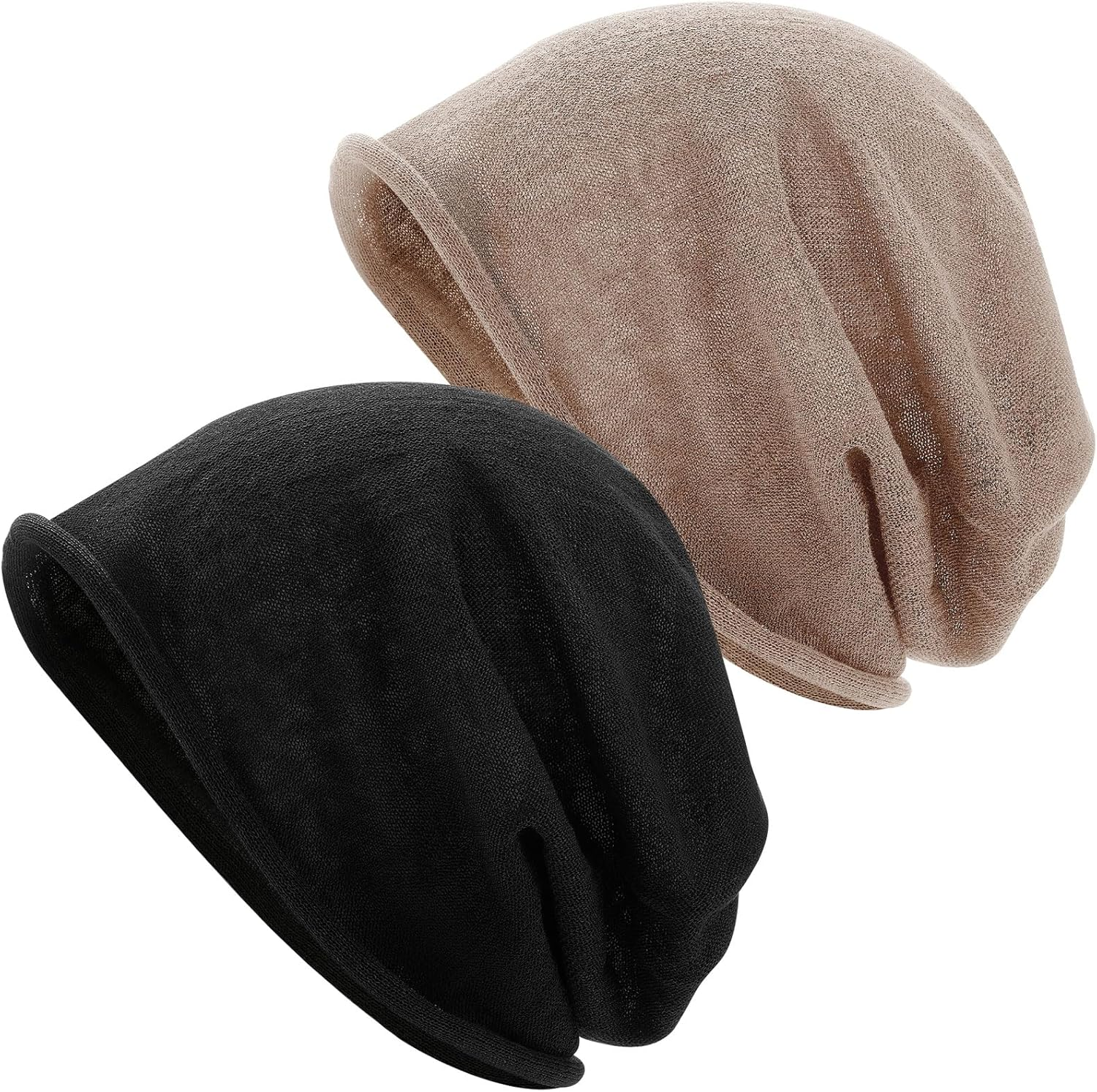 Chicingyou 2 Pack Linen Beanies Hats for Women & Men - Winter Slouchy Hat, Soft Natural Fiber Knit for Comfort, Beige & Black image number 2