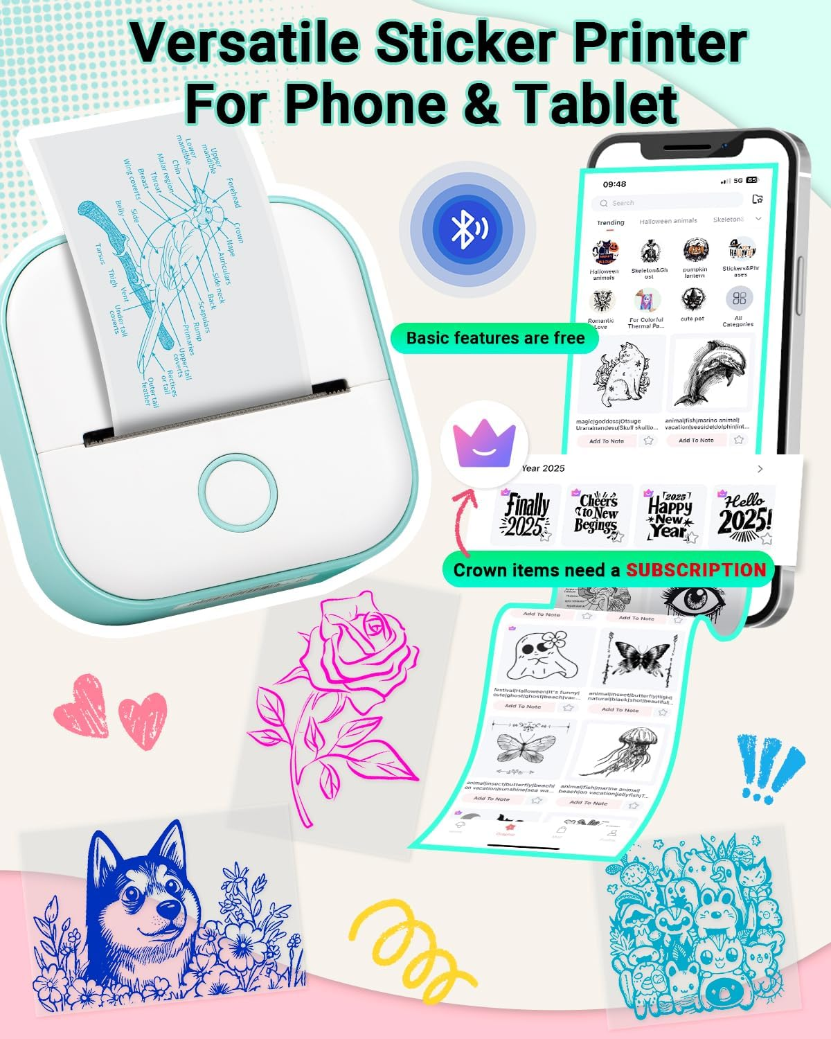 Print Pods Mini Printer - Memoking T02 Sticker Printer Portable Thermal Printer Inkless Printer Sticker Maker Machine Pocket Printer Phone Printer for Study Graphic, Anatomical Diagram, Photo, Green image number 1