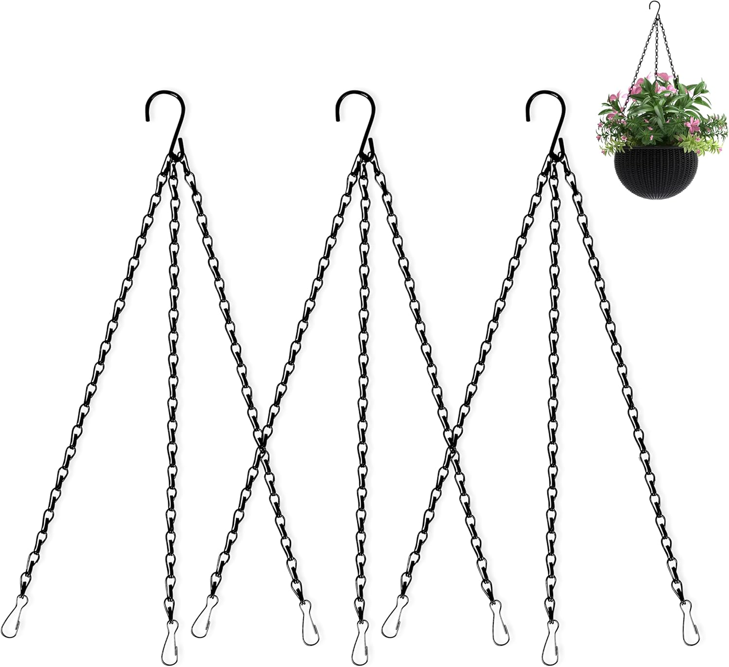 Hanging Basket Chain, 3 Pack 16 Inch Chain for Hanging Plants, Black Plant Chains for Hanging Baskets, 3 Leads Hanging Chain with Hooks for Flower Pots Basket Bird Feeders Sign Wind Chime Billboards
