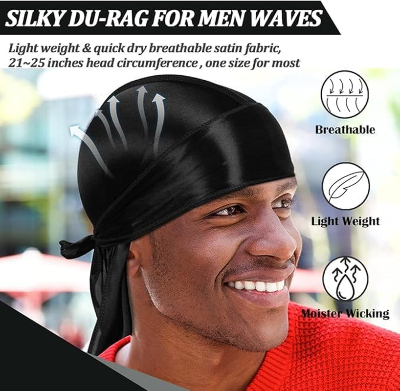 2 Pcs Silky Men Durag, Pack Durags Do Rags with Long Tail and Wide Straps for Men Women Head Wrap image number 5