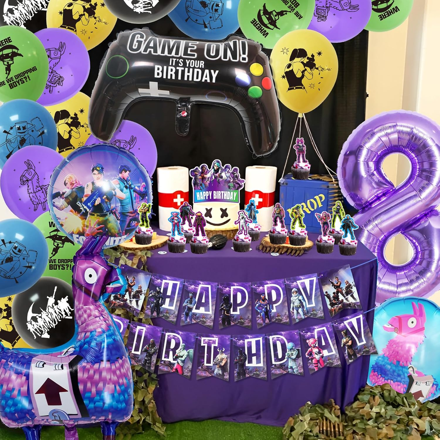 Fortnit Birthday Decoration 8 Years Boy, 51 Pieces Gaming Party Birthday Decoration, Fortnit Balloon 8Th Birthday Boy Set, 3D Purple Balloons Fortnit Gamer Birthday Decoration for Children (8 Years) image number 6