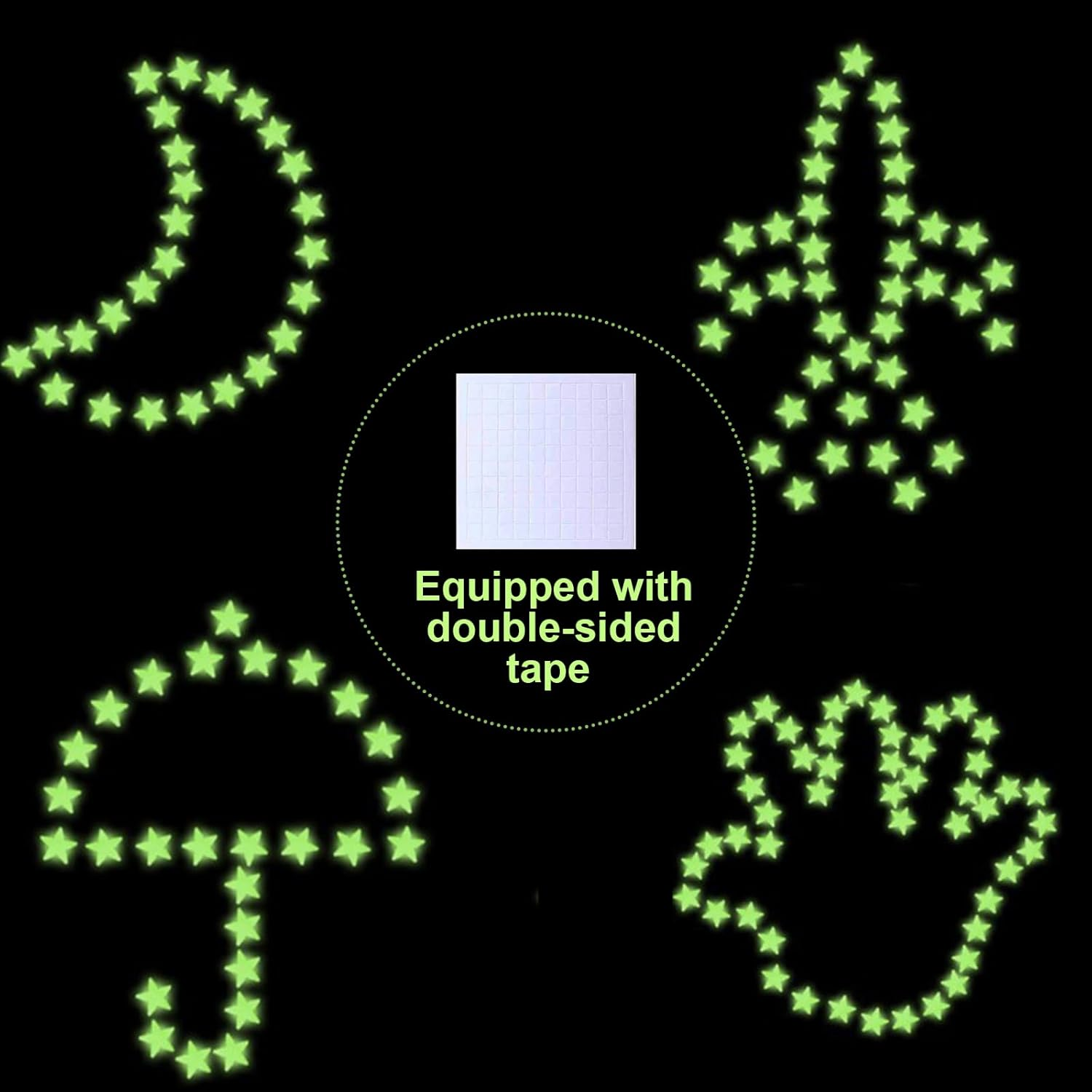 102 Pcs Glow in the Dark Star Stickers, Fluorescent Green 100 Stars 1 Moon 1 Smiling Star with Adhesive Tape, Ceiling & Wall Decals Decor for Kids Boys Nursery Bedroom Living Room image number 5