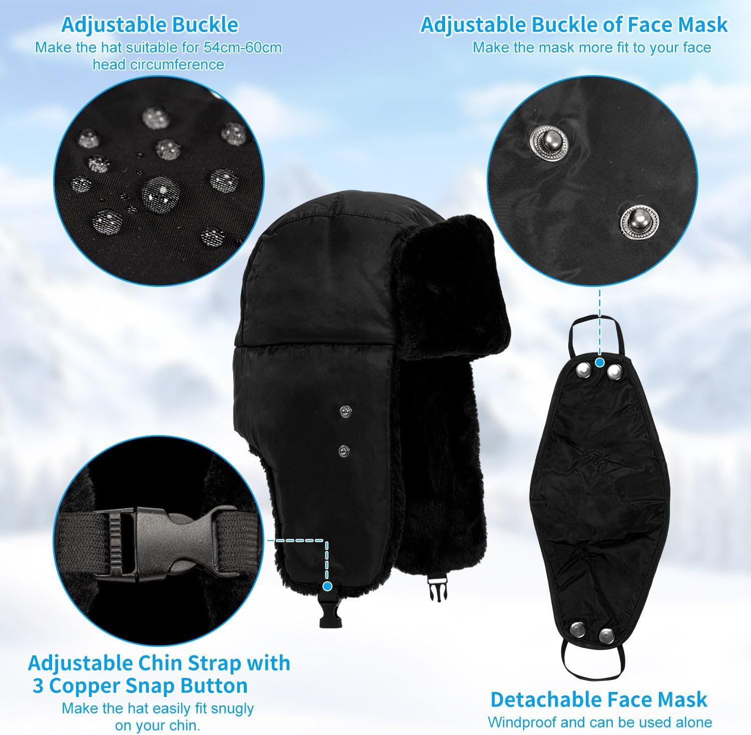 Trapper Hat Unisex Adult, Faux Fur Winter Warmer Windproof Bomber Hat, Russian Hat with Ear Flaps and Mask for Skating, Skiing, Hunting or Daily Use, Winter Hats for Men Women Black