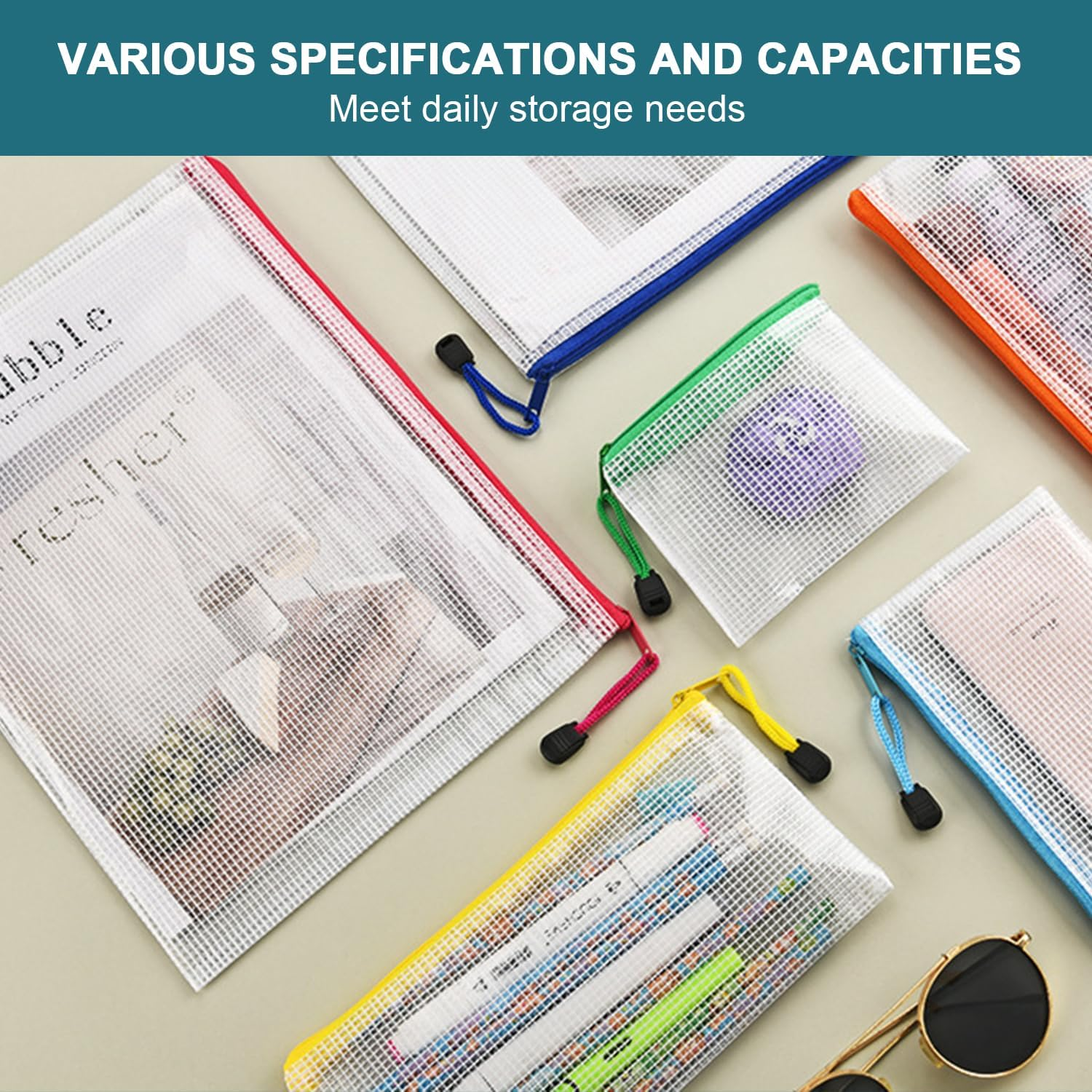 32Pcs Mesh Zipper Pouch, Mesh Zipper Pouch Document Bag, B4|A4|B5|A5|B6|A6|B8|Bill Site, Waterproof Zipper Bags, Plastic Document Pouch for Office, Home and Business Travel, 8 Sizes 8 Colors image number 2