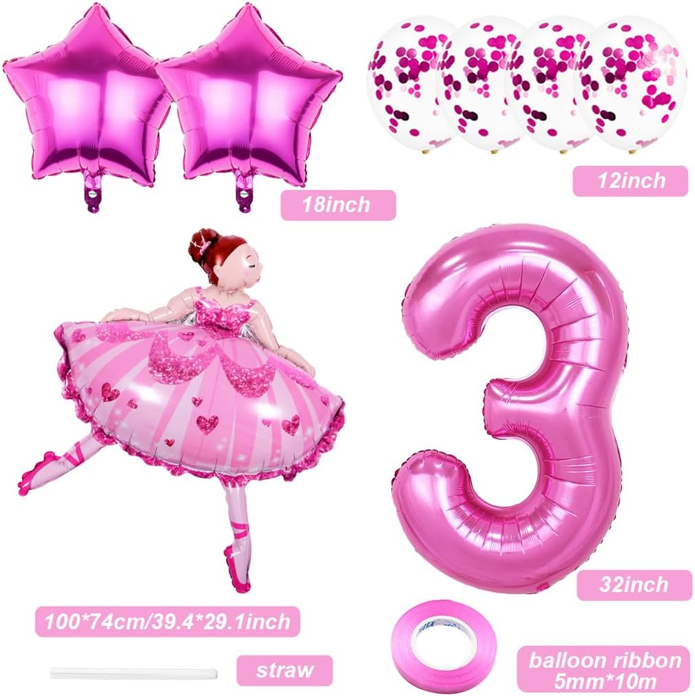 Weenkeey 3 Years Ballet Birthday Decoration Large Ballerina Balloon 3Rd Birthday Ballet Foil Balloon Pink Number 3 Balloon for Girls Birthday Party - 6 image number 5