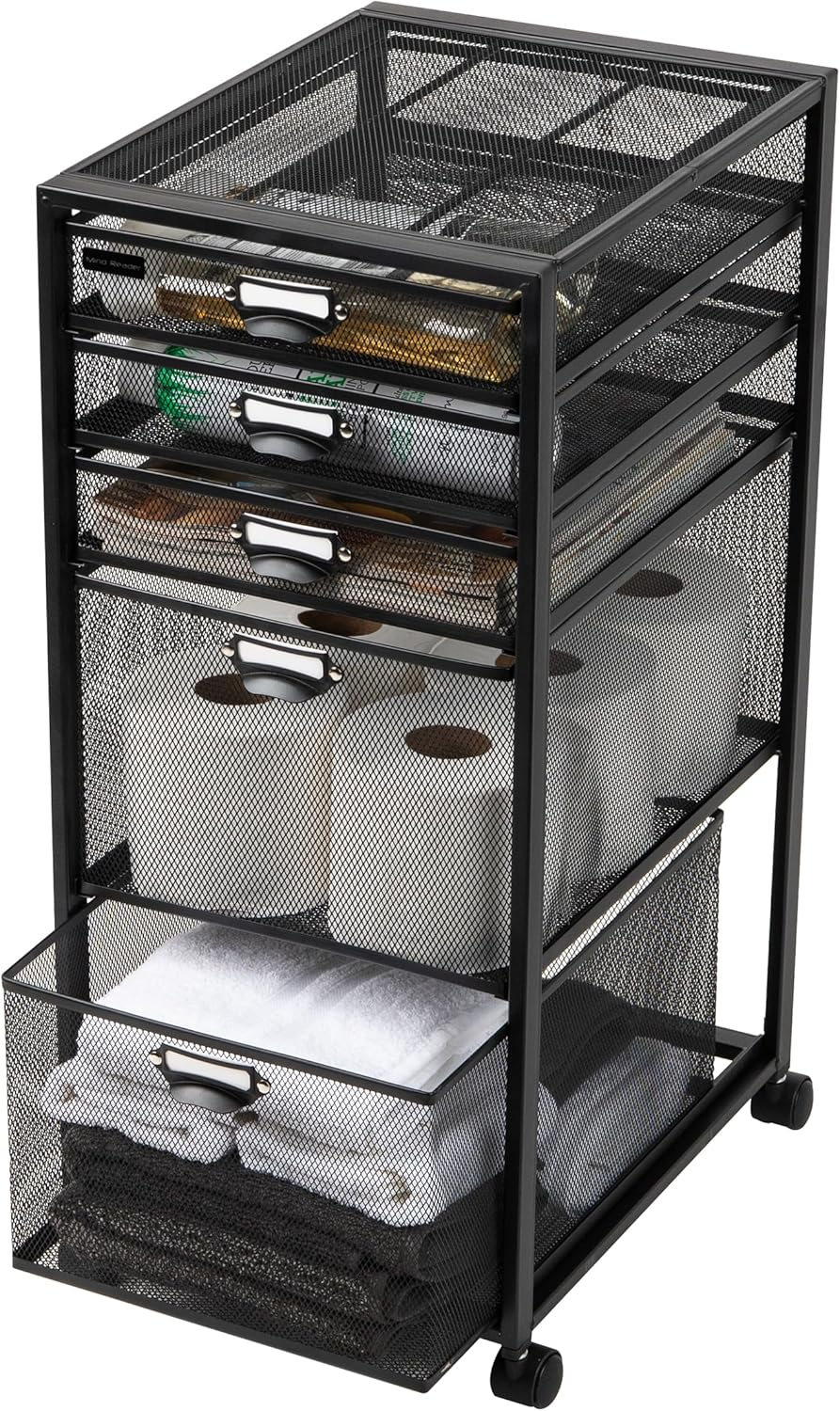 Mind Reader Cart with Drawers, Office Organizer, Utility Cart, Bathroom, Kitchen, Metal Mesh, 11" L X 14" W X 25" H, Black image number 4