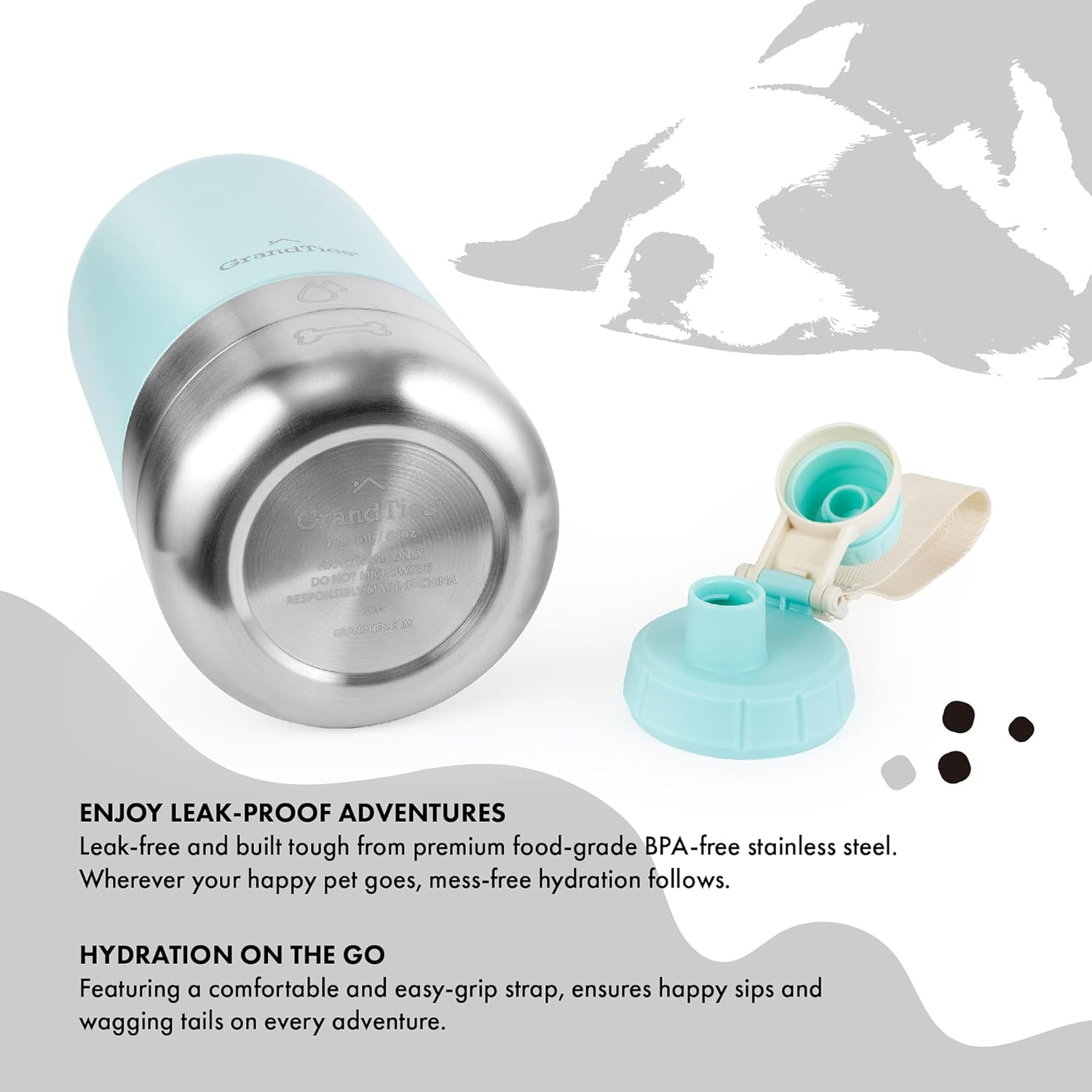 Grandties Insulated Portable Water Bottle with 2 Detachable Dog Bowls, Leak-Proof Pet Water Food Feeder Dispenser, Pet Travel Outdoor Accessory Stainless Steel Storage Container - Blue, 64Oz (1890Ml) image number 1