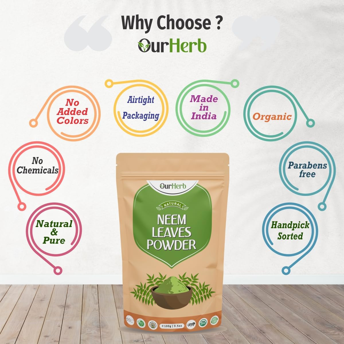 Ourherb Pure & Natural Neem Leaves Powder (Azardirachta Indica Powder) for Health, Skin Care & Hair Care with Wooden Spoon - 100G | 3.5 Oz